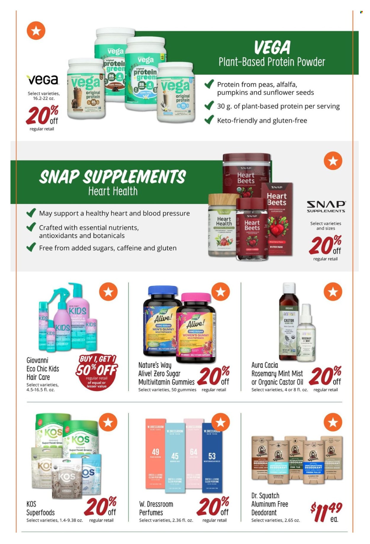 thumbnail - Sprouts Flyer - 07/24/2024 - 08/20/2024 - Sales products - pumpkin, peas, beetroot, Blossom, chocolate, sunflower seeds, shampoo, hair products, skin care product, eau de parfum, deodorant, multivitamin, whey protein, Alive!, dietary supplement. Page 9.