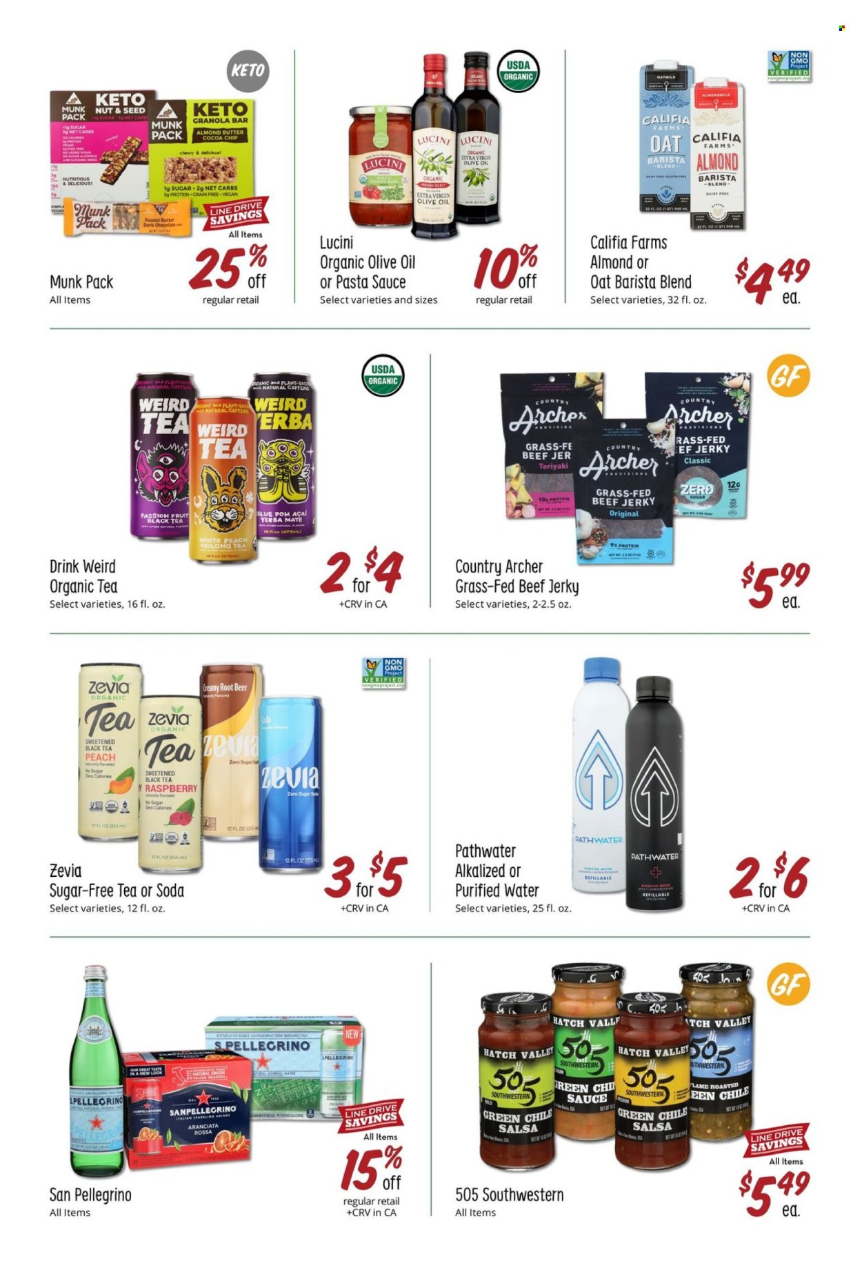 thumbnail - Sprouts Flyer - 07/24/2024 - 08/20/2024 - Sales products - passion fruit, pasta sauce, spaghetti sauce, beef jerky, jerky, almond milk, oat milk, plant-based milk, almond butter, dark chocolate, cocoa, granola bar, salsa, sauce, extra virgin olive oil, olive oil, fruit drink, soda, purified water, San Pellegrino, water, tea, alcohol, beer. Page 25.