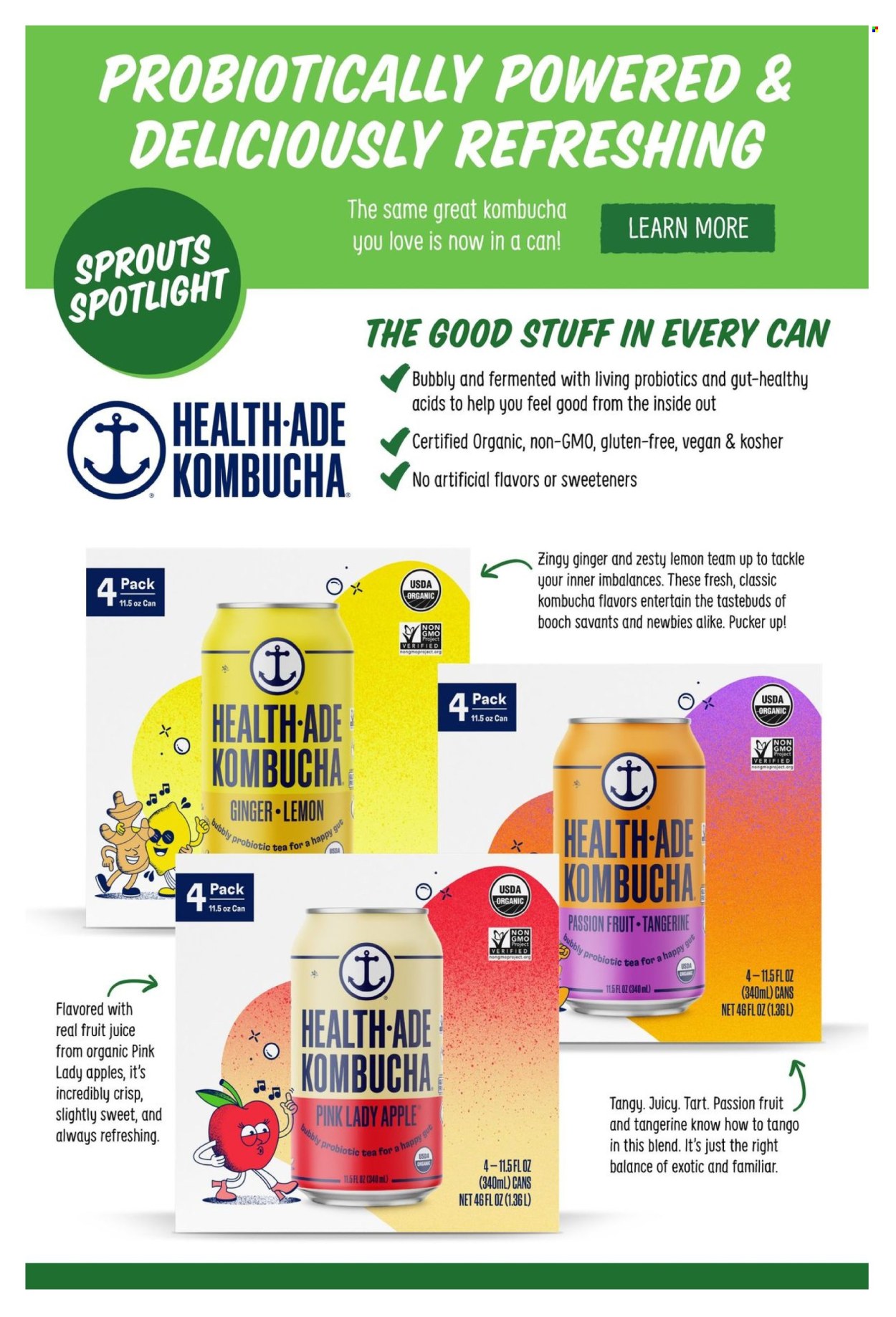 thumbnail - Sprouts Flyer - 07/24/2024 - 08/20/2024 - Sales products - tart, apples, mandarines, Pink Lady, passion fruit, juice, fruit juice, kombucha, tea, probiotics. Page 32.