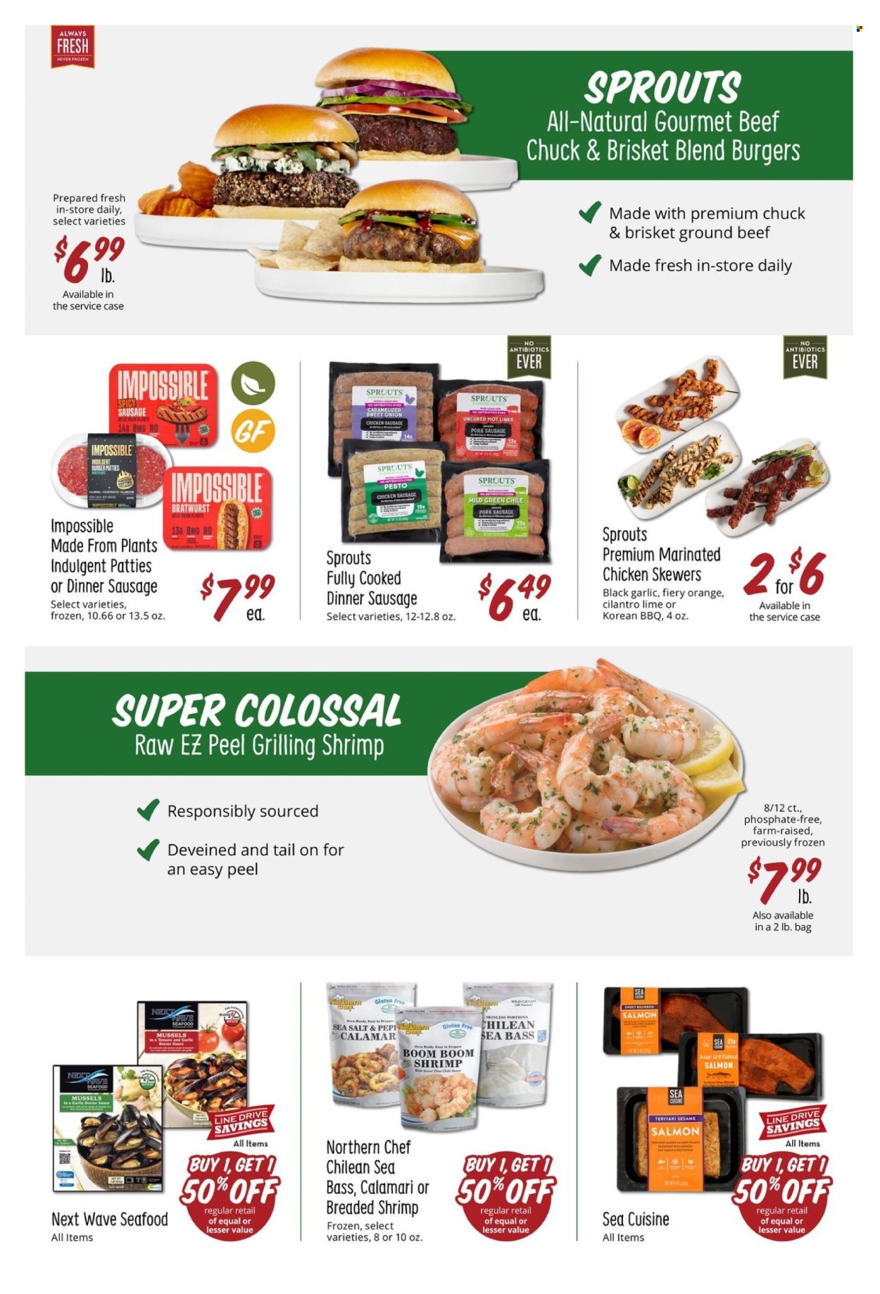 thumbnail - Sprouts Flyer - 07/24/2024 - 08/20/2024 - Sales products - onion, sprouts, calamari, mussels, salmon, sea bass, seafood, shrimps, hamburger, burger patties, brisket, breaded shrimps, bratwurst, pork sausage, chicken sausage, crushed garlic, sea salt, cilantro, sauce, alcohol, marinated chicken, meat skewer, ground beef. Page 37.