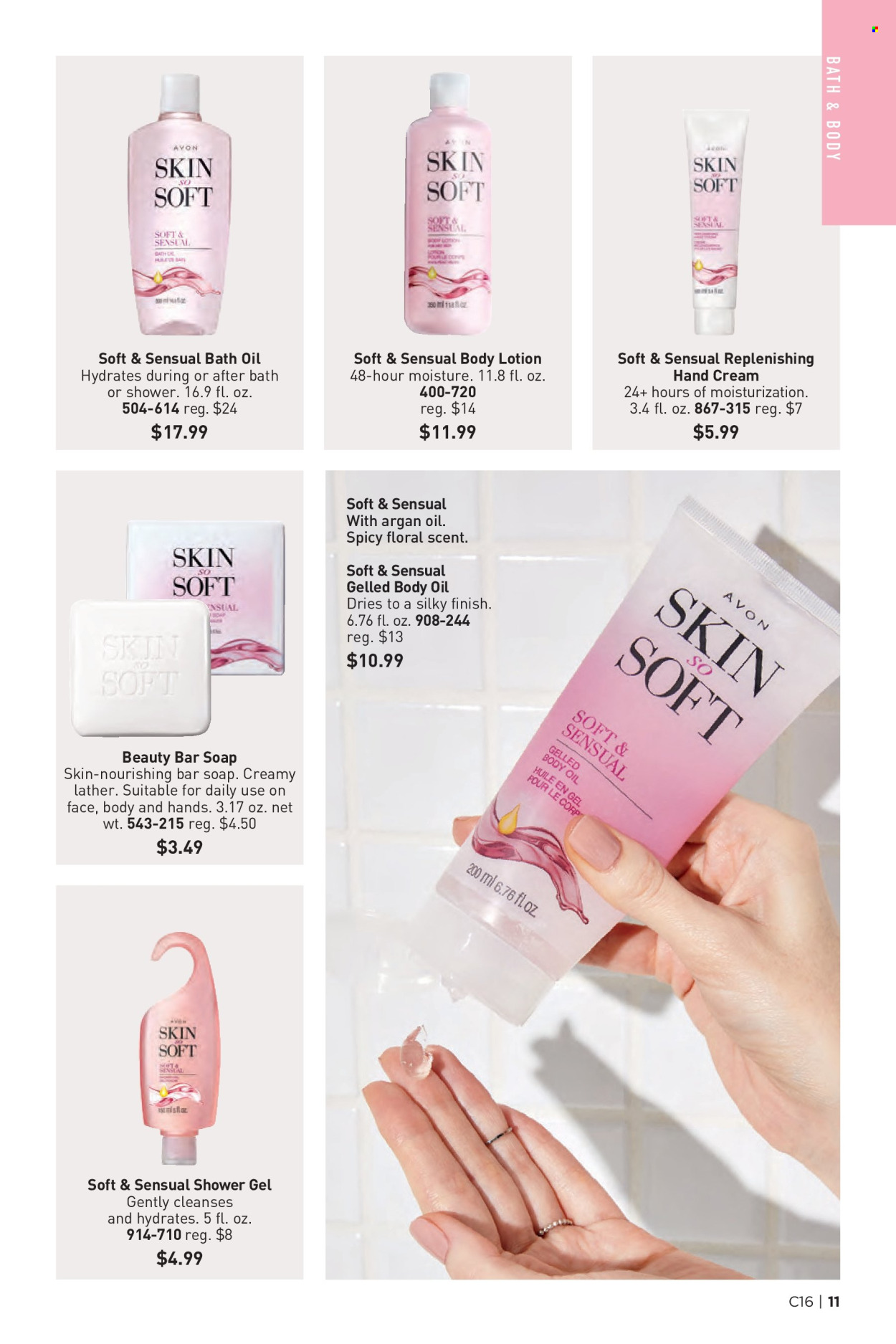 thumbnail - Avon Flyer - 07/31/2024 - 08/13/2024 - Sales products - bath oil, shower gel, Avon, soap bar, soap, Skin So Soft, body lotion, body oil, hand cream. Page 11.