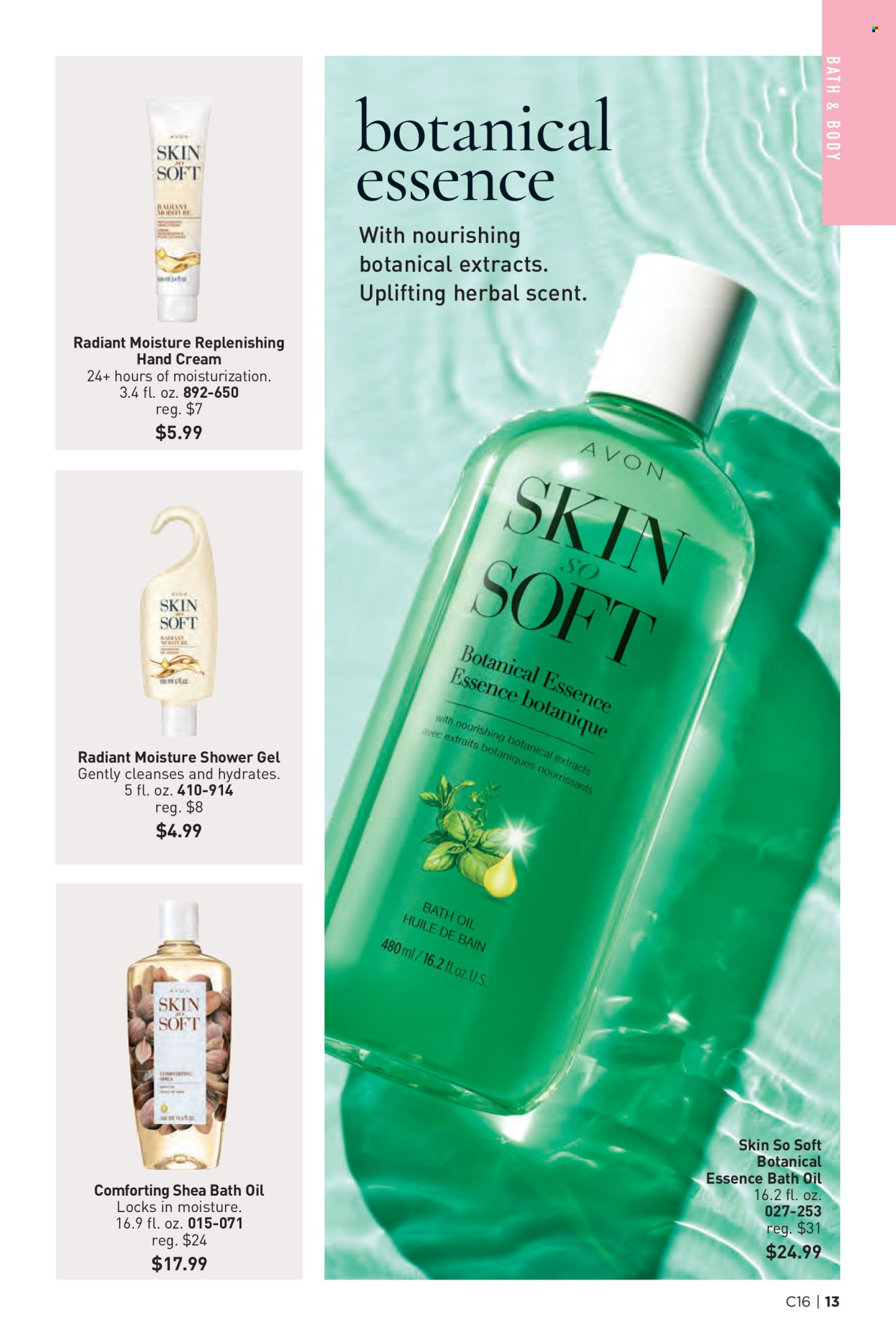 thumbnail - Avon Flyer - 07/31/2024 - 08/13/2024 - Sales products - bath oil, shower gel, Avon, Skin So Soft, hand cream. Page 13.