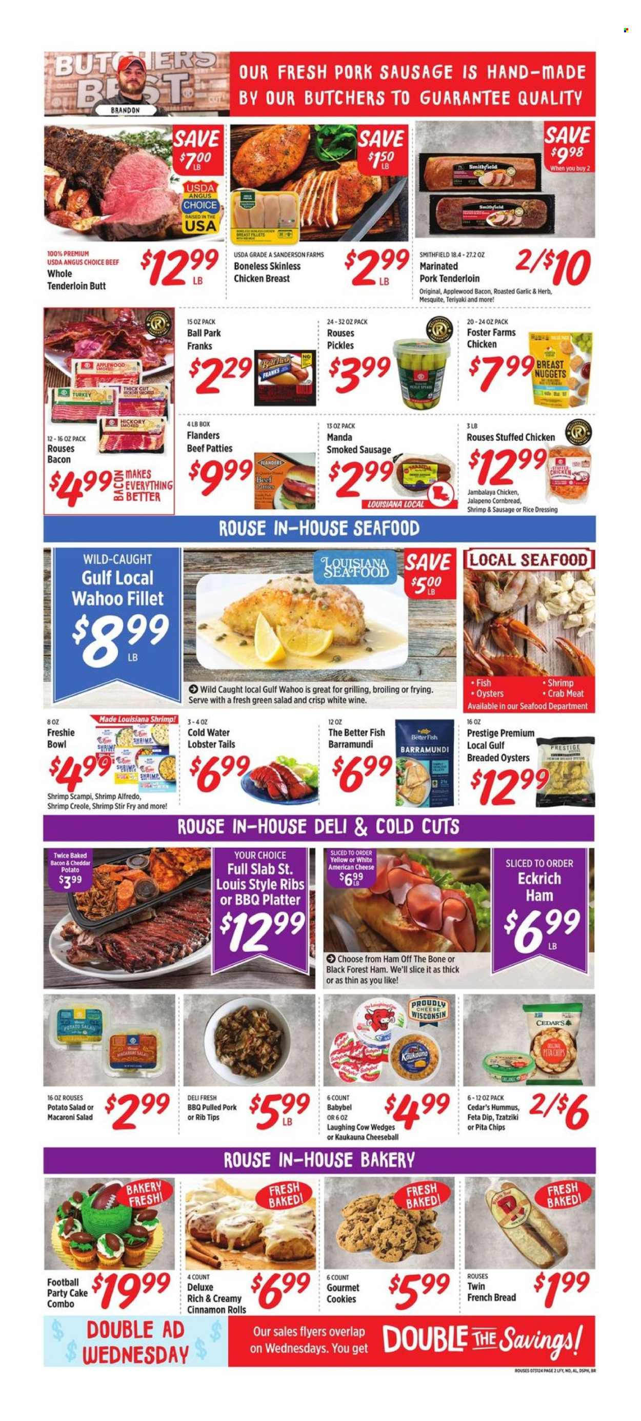 thumbnail - Rouses Markets Flyer - 07/31/2024 - 08/07/2024 - Sales products - fish fillets, salmon, salmon fillet, pasta sauce, spaghetti sauce, ready meal, greek yoghurt, yoghurt, Chobani, Dannon, canned vegetables, spice, seasoning, Capri Sun, Coca-Cola, Sprite, fruit drink, soft drink, Coca-Cola zero, Gatorade, electrolyte drink, carbonated soft drink, coffee, bourbon, whiskey, Hard Seltzer, whisky, chicken drumsticks, chicken, beef meat, ground beef, pork meat, pork tenderloin, detergent, Tide, laundry detergent, Jet. Page 2.