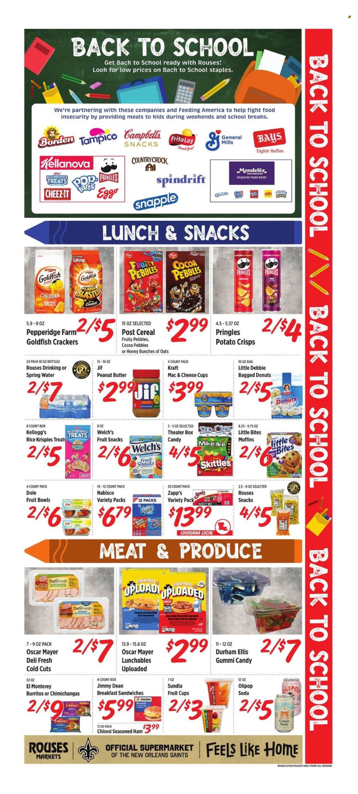thumbnail - Rouses Markets Flyer - 07/31/2024 - 08/07/2024 - Sales products - bread, cake, corn bread, french bread, cinnamon roll, salad greens, barramundi, crab meat, lobster, oysters, crab, fish, lobster tail, shrimps, nuggets, pasta, macaroni salad, burger patties, pulled pork, pasta salad, stuffed chicken, ready meal, bacon, ham, chicken breasts, ham off the bone, smoked sausage, pork sausage, frankfurters, tzatziki, hummus, potato salad, american cheese, The Laughing Cow, feta, Babybel, dip, cookies, chips, pita chips, pickles, pickled vegetables, dressing, water, white wine, wine, alcohol, turkey, ribs, pork meat, pork tenderloin, marinated pork, bowl. Page 3.