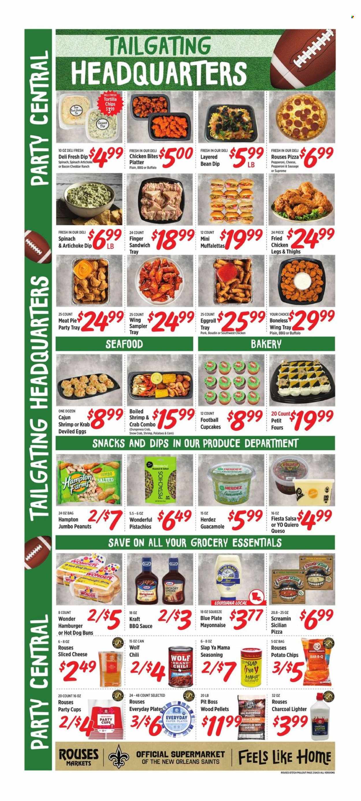 thumbnail - Rouses Markets Flyer - 07/31/2024 - 08/07/2024 - Sales products - english muffins, donut, Fruity Pebbles, Dole, fruit cup, Welch's, mac and cheese, sandwich, snack, burrito, Lunchables, Kraft®, Jimmy Dean, ready meal, ham, Oscar Mayer, crackers, Kellogg's, biscuit, Skittles, fruit snack, Little Bites, Candy, Nabisco, General Mills, sweets, gummies, potato crisps, Pringles, chips, Goldfish, Cheez-It, salty snack, crisps, cereals, Rice Krispies, Jif, fruit drink, Snapple, Spindrift, fruit punch, spring water, water, pot. Page 4.
