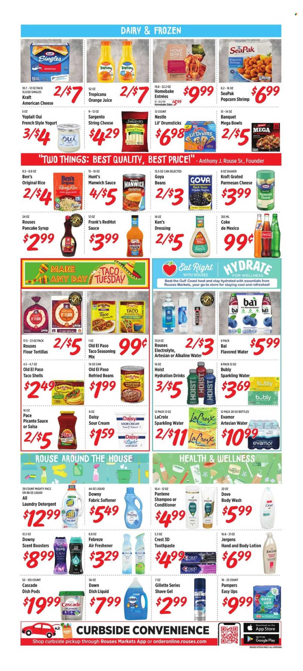 thumbnail - Rouses Markets Flyer - 07/31/2024 - 08/07/2024 - Sales products - hot dog rolls, pie, buns, burger buns, cupcake, party tray, teacake, seafood, crab, shrimps, pizza, sandwich, snack, chicken bites, Kraft®, ready meal, meat pie, guacamole, sliced cheese, cheese, eggs, dip, tortilla chips, potato chips, chips, spice, seasoning, BBQ sauce, sauce, peanuts, pistachios, chicken legs, paper plate, party cups, cup. Page 5.