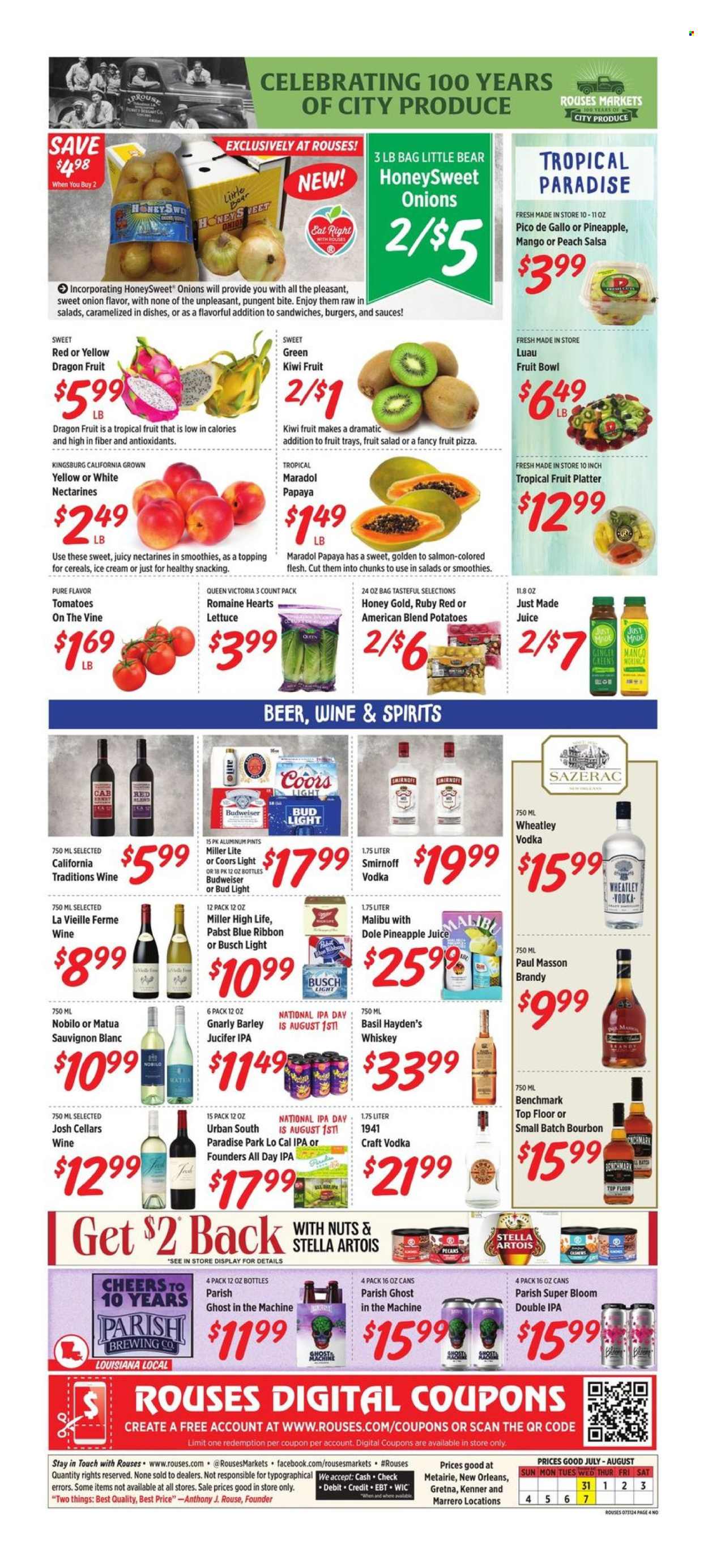 thumbnail - Rouses Markets Flyer - 07/31/2024 - 08/07/2024 - Sales products - tortillas, Old El Paso, tacos, flour tortillas, seafood, shrimps, Kraft®, ready meal, rice sides, american cheese, sandwich slices, string cheese, parmesan, cheese, grated cheese, Kraft Singles, Sargento, yoghurt, Yoplait, sour cream, Dove, Nestlé, black beans, refried beans, Uncle Ben's, Goya, Manwich, seasoning, hot sauce, dressing, salsa, sauce, pancake syrup, syrup, Coca-Cola, orange juice, juice, soft drink, Bai, Coke, antioxidant drink, flavored water, sparkling water, alkaline water, Pampers, nappies, baby pants, detergent, Febreze, Cascade, fabric softener, laundry detergent, scent booster, Downy Laundry, dishwashing liquid, body wash, shampoo, toothpaste, Crest, conditioner, Pantene, body lotion, Jergens, Gillette, shave gel, air freshener. Page 6.