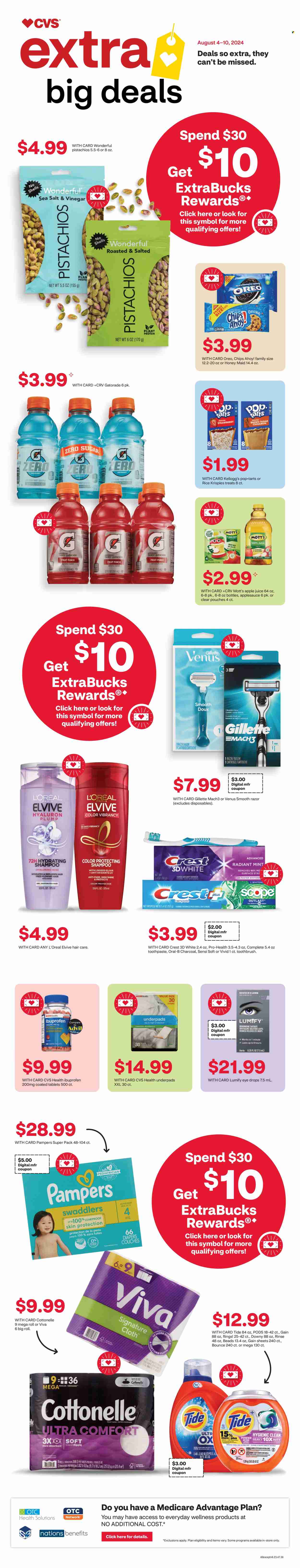 thumbnail - CVS Pharmacy Flyer - 08/04/2024 - 08/10/2024 - Sales products - Oreo, Kellogg's, Chips Ahoy!, snack bar, Mott's, Rice Krispies, Honey Maid, pistachios, apple juice, juice, Gatorade, electrolyte drink, Pampers, Cottonelle, Gain, Tide, Bounce, dryer sheets, hair products, toothbrush, Oral-B, toothpaste, Crest, L’Oréal, Gillette, razor, Venus, Ibuprofen, Lumify, eye drops, pain therapy. Page 1.