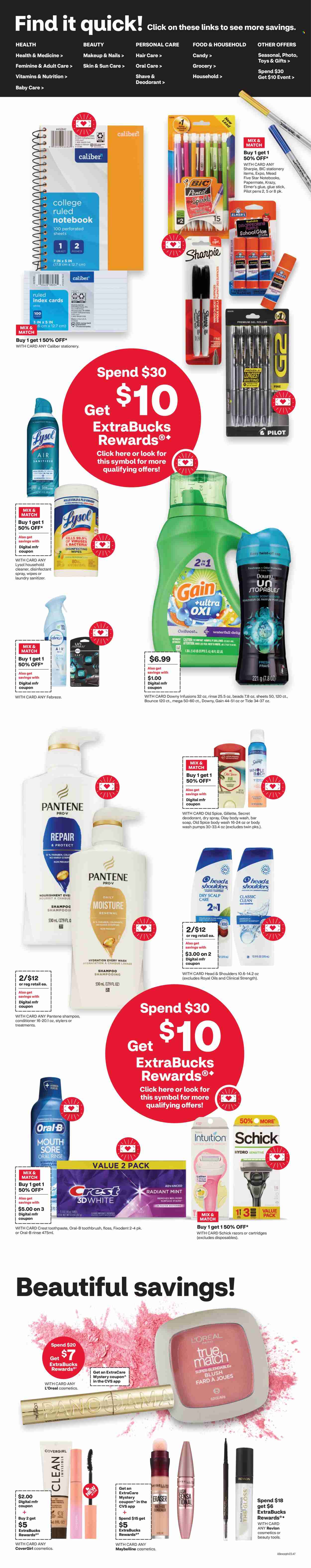 thumbnail - CVS Pharmacy Flyer - 08/04/2024 - 08/10/2024 - Sales products - wipes, Febreze, Gain, cleaner, desinfection, antibacterial spray, Lysol, Tide, laundry detergent, Bounce, Downy Laundry, laundry sanitizer, body wash, shampoo, Old Spice, soap bar, toothbrush, Oral-B, toothpaste, Fixodent, Crest, L’Oréal, Olay, CoverGirl, conditioner, Revlon, Head & Shoulders, Pantene, deodorant, Gillette, razor, Schick, razor cartridges, cosmetic accessory, glue, glue stick, stationery product, Pilot, Paper Mate, Sharpie, spiral notebook, writing accessories, Maybelline, decorative cosmetic. Page 2.