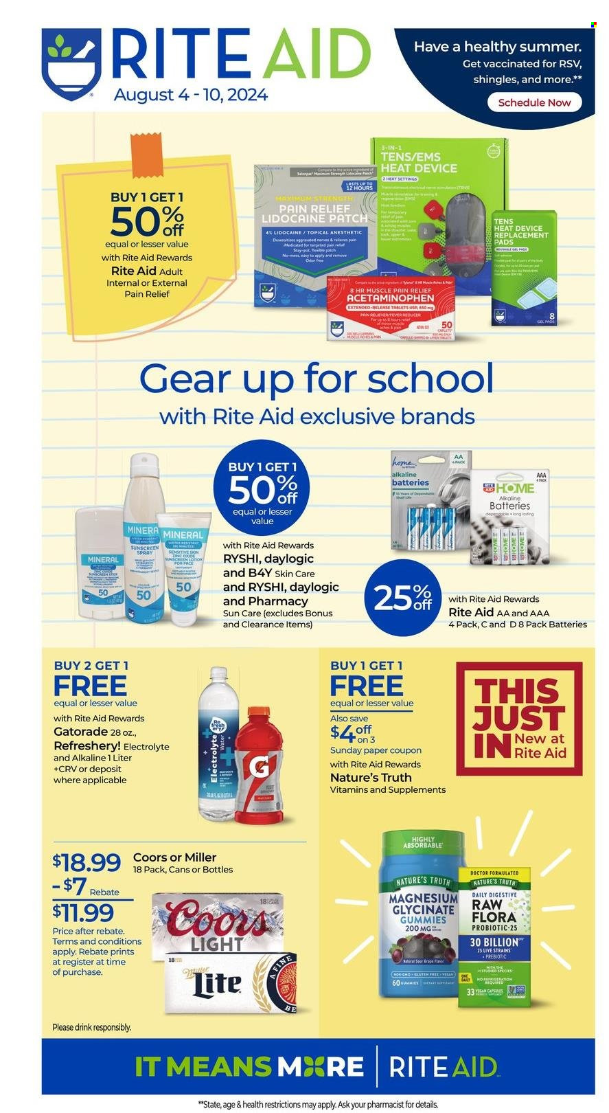 thumbnail - RITE AID Flyer - 08/04/2024 - 08/10/2024 - Sales products - Gatorade, electrolyte drink, water, beer, Miller, pads, Daylogic, sun care, skin care product, sunscreen lotion, battery, alkaline batteries, pain relief, magnesium, Nature's Truth, dietary supplement, vitamins, Coors. Page 1.