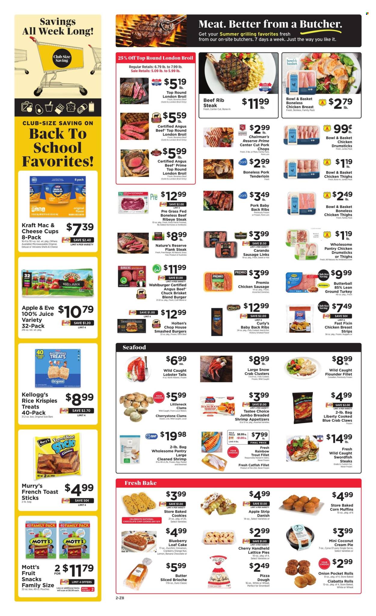 thumbnail - ShopRite Flyer - 08/02/2024 - 08/08/2024 - Sales products - chicken thighs, chicken, dinner rolls, pie, cream pie, muffin, corn muffin, danish pastry, cookies, pizza dough, fish fillets, trout, cake, loaf cake, ready meal, french toast, brioche, chicken strips, strips, Rice Krispies, swordfish, fish steak, steak, snack, fruit snack, seafood, shrimps, clams, crab, breaded shrimps, crab clusters, flounder, lobster, lobster tail, beef meat, beef steak, pork chops, pork meat, chicken breasts, flank steak, sausage, chicken sausage, pork tenderloin, boneless chicken thighs, juice, ribs, pork ribs, pork back ribs, mac and cheese, chicken drumsticks, ribeye steak, hamburger, burger patties, brisket, ground turkey, turkey. Page 2.