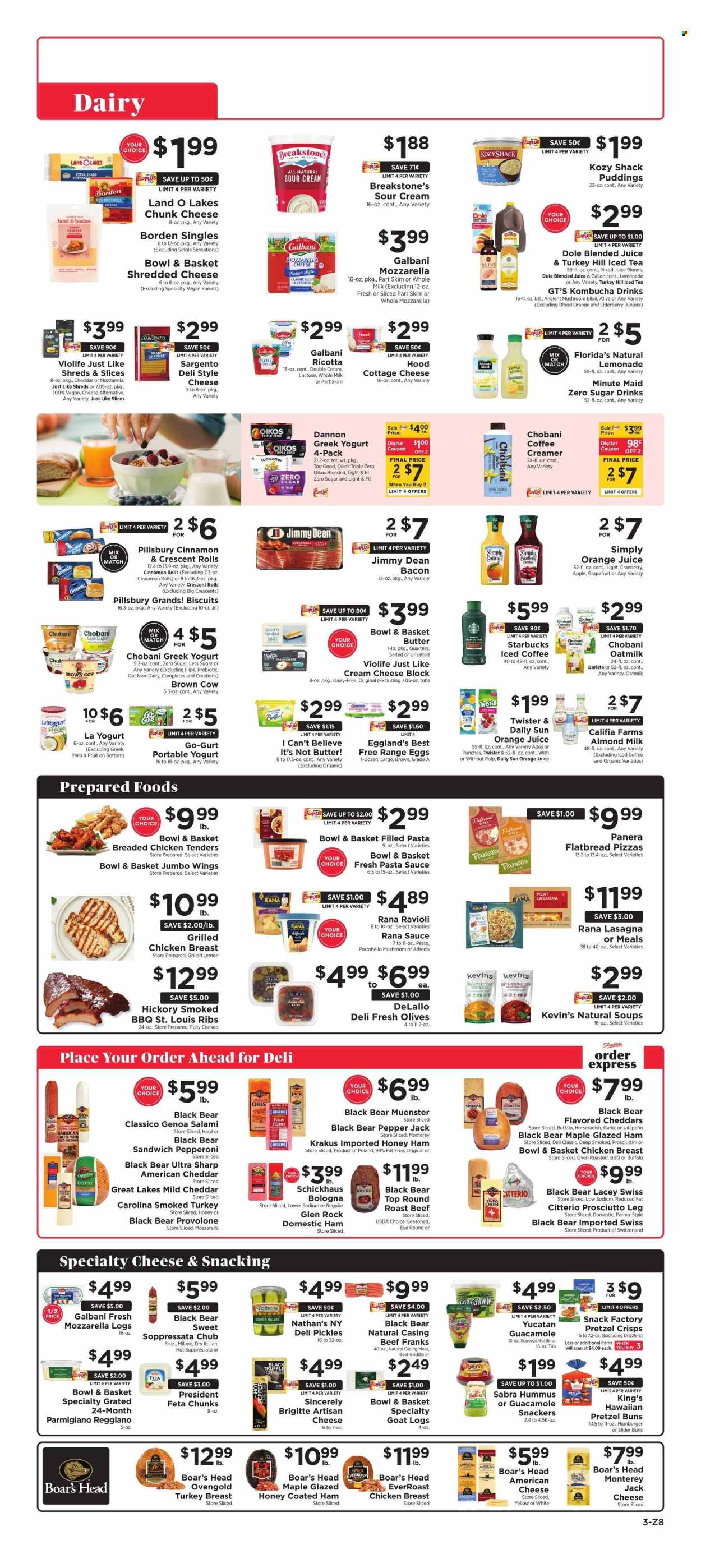 thumbnail - ShopRite Flyer - 08/02/2024 - 08/08/2024 - Sales products - cinnamon roll, crescent rolls, pudding, mozzarella, cheese, sour cream, kombucha, chunk cheese, sandwich slices, shredded cheese, ricotta, lemonade, orange juice, juice, plant based product, almond milk, plant-based milk, pretzel crisps, crisps, salami, Pepper Jack cheese, roast, roast beef, beef meat, round roast, chicken breasts, chicken, feta, buns, american cheese, ready meal, chicken wings, ravioli, Rana, olives, biscuit, goat cheese, turkey breast, turkey ham, sauce, Twister, iced coffee, coffee drink, cream cheese, ham, mild cheddar, cheddar, Münster cheese, bologna sausage, swiss cheese, pickles, pickled vegetables, guacamole, yoghurt, bacon, greek yoghurt, fruit drink, Provolone, frankfurters, soppressata, Parmigiano Reggiano, hummus, Monterey Jack cheese, ice tea, breaded chicken, eggs, flatbread, pizza, lasagna meal, soup, cottage cheese, pasta, filled pasta, pasta sauce, spaghetti sauce, smoked ribs, oat milk, butter, creamer, coffee and tea creamer. Page 3.