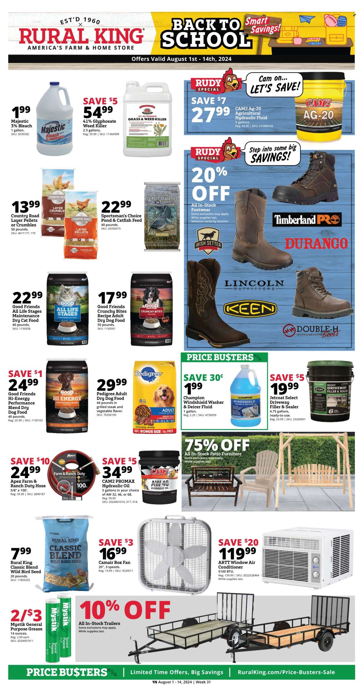 thumbnail - Rural King Flyer - 08/01/2024 - 08/14/2024 - Sales products - oil, bleach, animal food, bird food, cat food, dog food, Pedigree, dry dog food, dry cat food, air conditioner, wall fan, hydraulic fluids. Page 3.