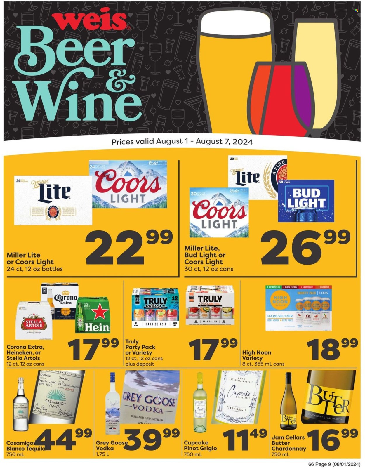 thumbnail - Weis Flyer - 08/01/2024 - 08/07/2024 - Sales products - cupcake, onion, grapefruits, watermelon, ice cream, juice, white wine, Chardonnay, wine, alcohol, Pinot Grigio, tequila, vodka, Hard Seltzer, TRULY, beer, Stella Artois, Bud Light, Corona Extra, Heineken, Miller Lite, Coors. Page 9.