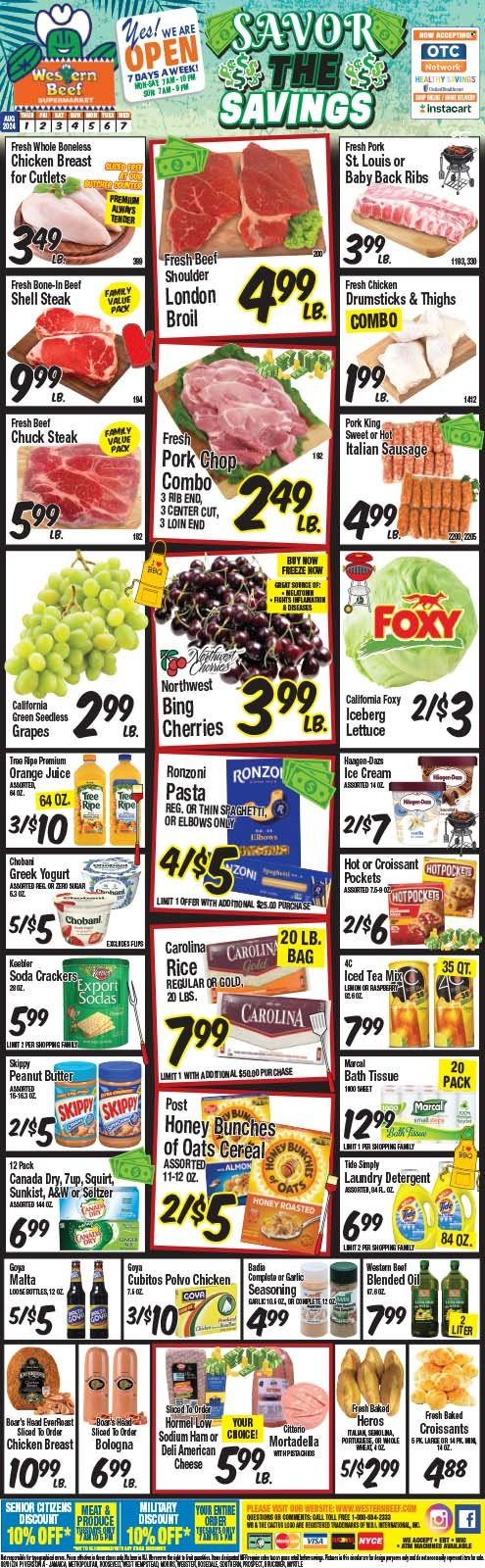 thumbnail - Western Beef Flyer - 08/01/2024 - 08/07/2024 - Sales products - croissant, lettuce, grapes, seedless grapes, chicken breasts, chicken thighs, chicken drumsticks, chicken, beef meat, steak, sirloin steak, chuck steak, ribs, pork chops, pork meat, pork ribs, pork back ribs, spaghetti, pasta, Hormel, Boar's Head, mortadella, ham, bologna sausage, sausage, italian sausage, american cheese, greek yoghurt, Chobani, ice cream, crackers, Keebler, semolina, Goya, Badia, cereals, rice, spice, seasoning, oil, Canada Dry, ginger ale, orange juice, juice, ice tea, soft drink, 7UP, A&W, seltzer water, carbonated soft drink, bath tissue, detergent, Tide, laundry detergent. Page 1.