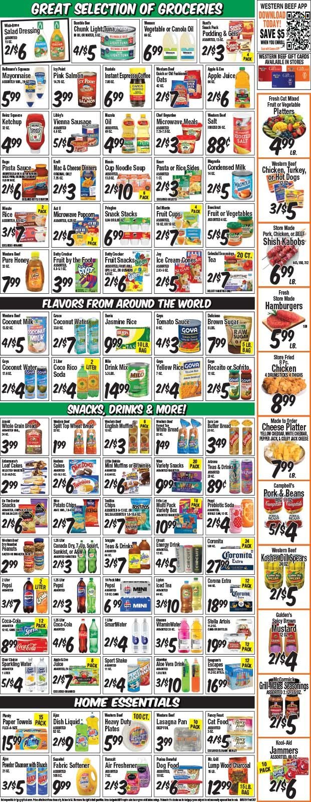 thumbnail - Western Beef Flyer - 08/01/2024 - 08/07/2024 - Sales products - bread, english muffins, wheat bread, white bread, Sara Lee, loaf cake, fruit cup, chicken drumsticks, kabobs, hamburger, Campbell's, mac and cheese, hot dog, pasta sauce, soup, Bumble Bee, noodles cup, noodles, lasagna meal, pasta sides, Kraft®, spaghetti sauce, ready meal, rice sides, vienna sausage, Colby cheese, Pepper Jack cheese, cheese, pudding, condensed milk, Milo, mayonnaise, ice cream, ice cones, fruit snack, potato chips, Pringles, chips, Frito-Lay, Tostitos, salty snack, cane sugar, canned tuna, coconut milk, tomato sauce, light tuna, Goya, Chef Boyardee, Del Monte, canned fish, jasmine rice, spice, mustard, salad dressing, ketchup, salsa, sauce, canola oil, vegetable oil, oil, roasted peanuts, peanuts, apple juice, Canada Dry, Coca-Cola, ginger ale, Pepsi, juice, energy drink, Lipton, fruit drink, ice tea, coconut water, soft drink, 7UP, Snapple, A&W, electrolyte drink, soda, sparkling water, bottled water, Smartwater, vitamin water, aloe vera, carbonated soft drink, beer, Stella Artois, Corona Extra, Plenty, kitchen towels, paper towels, Ajax, fabric softener, Suavitel, dishwashing liquid, Raw Sugar, cleanser, air freshener. Page 3.