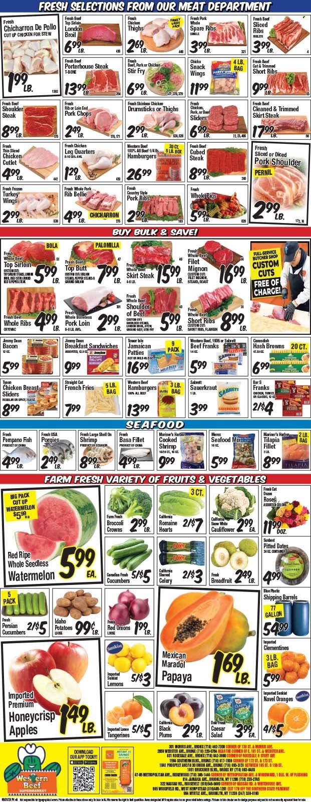 thumbnail - Western Beef Flyer - 08/01/2024 - 08/07/2024 - Sales products - broccoli, cauliflower, celery, cucumber, red onions, potatoes, salad, Dole, mandarines, tangerines, watermelon, plums, papaya, oranges, lemons, black plums, chicken thighs, chicken drumsticks, turkey, beef meat, beef ribs, steak, beef tenderloin, roast, hamburger, pork loin, pork meat, pork ribs, pork shoulder, pork spare ribs, fish fillets, tilapia, pompano, seafood, fish, shrimps, sandwich, Jimmy Dean, ready meal, bacon, frankfurters, hash browns, potato fries, french fries, sauerkraut, pickled cabbage, dried fruit, dried dates, beer, clementines, navel oranges. Page 4.