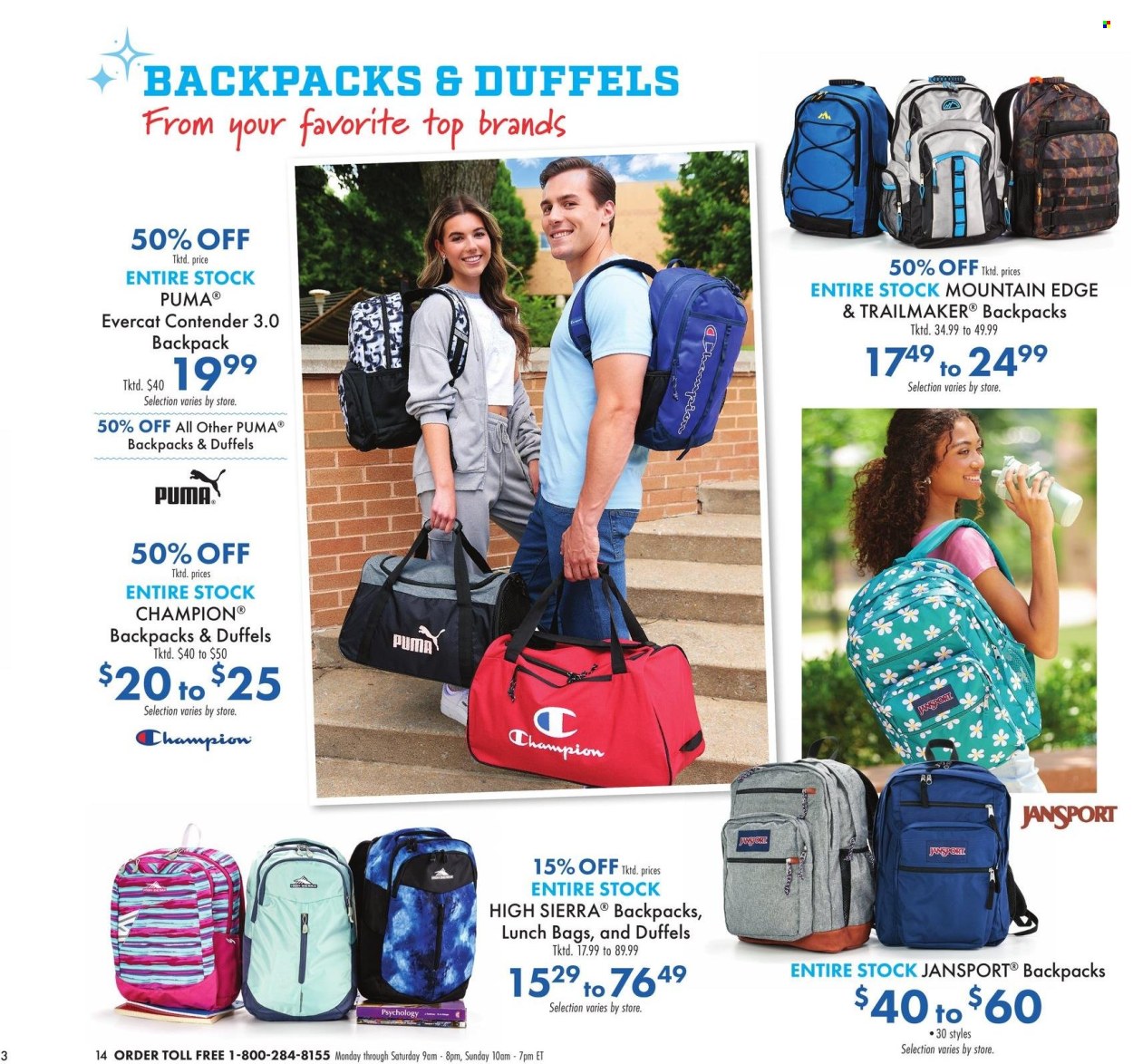 thumbnail - Boscov's Flyer - 07/04/2024 - 08/28/2024 - Sales products - Puma, High Sierra, bag, school accessories, backpack. Page 14.