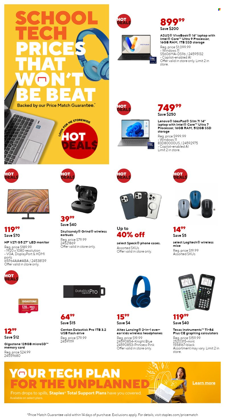 thumbnail - Staples Flyer - 08/04/2024 - 08/10/2024 - Sales products - Intel, Asus, Lenovo, Hewlett Packard, laptop, flash drive, Logitech, memory card, mouse, monitor, Altec Lansing, Skullcandy, wireless headphones, headphones, earbuds. Page 4.