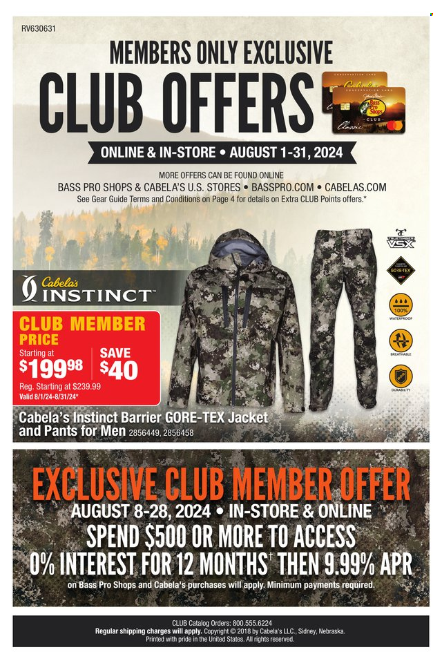 thumbnail - Cabela's Flyer - 08/01/2024 - 08/31/2024 - Sales products - jacket, pants, Bass Pro. Page 1.