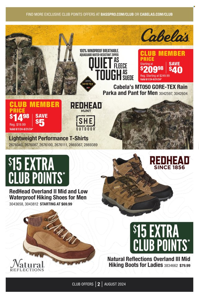 thumbnail - Cabela's Flyer - 08/01/2024 - 08/31/2024 - Sales products - boots, shoes, hiking shoes, parka, t-shirt. Page 2.