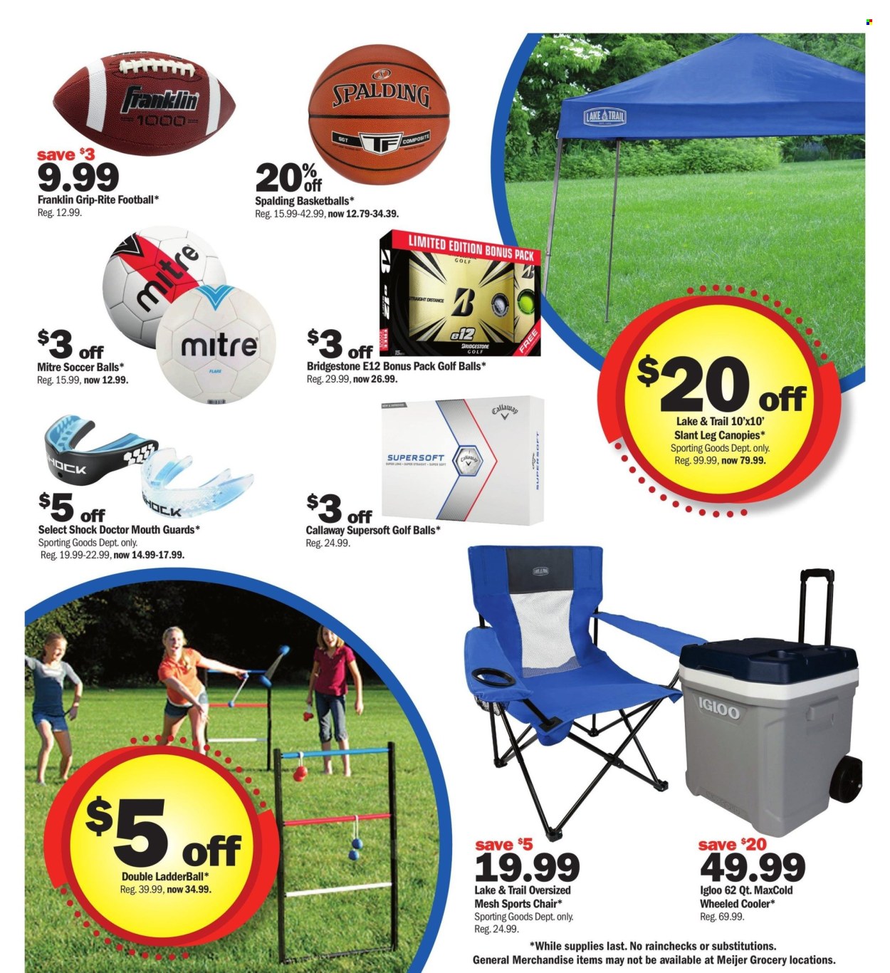 thumbnail - Meijer Flyer - 08/04/2024 - 08/10/2024 - Sales products - golf balls, Spalding, basketball, playground ball, Callaway, wheeled cooler, chair, game set. Page 12.