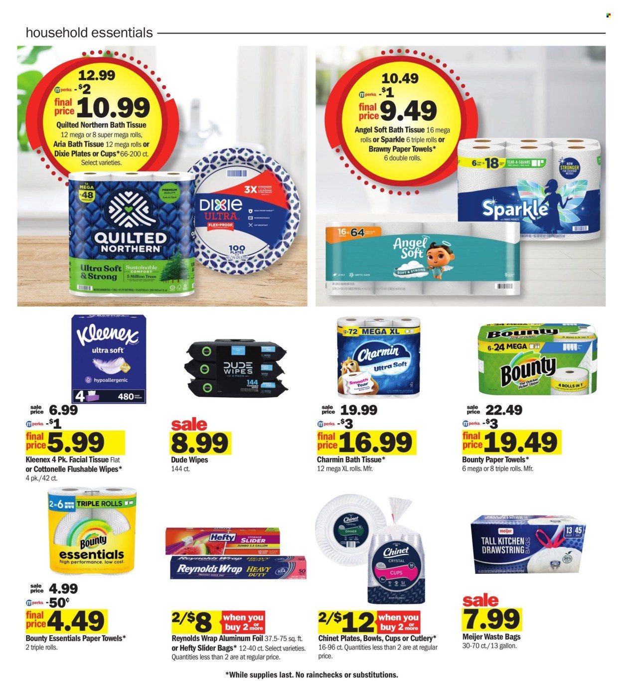 thumbnail - Meijer Flyer - 08/04/2024 - 08/10/2024 - Sales products - wipes, Cottonelle, Kleenex, tissues, facial tissues, bath tissue, Quilted Northern, plate, cup, paper plate, Dixie, kitchen towels, paper towels, cutlery set, bowl, paper bowl, Charmin, bag, Hefty, storage bag, aluminium foil, Bounty, trash bags. Page 20.