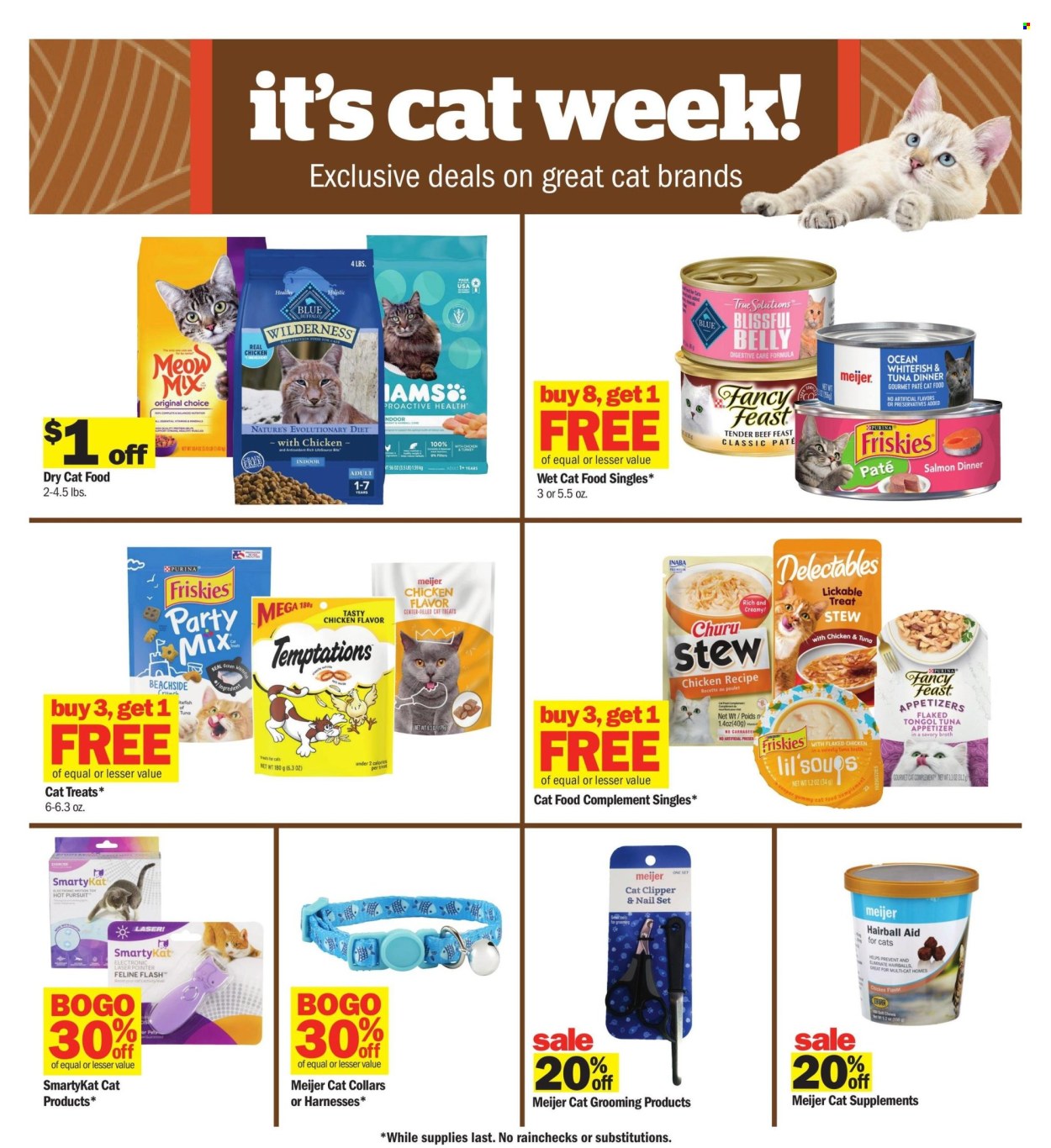 thumbnail - Meijer Flyer - 08/04/2024 - 08/10/2024 - Sales products - animal food, cat food, wet cat food, dry cat food, animal treats, grooming set. Page 22.