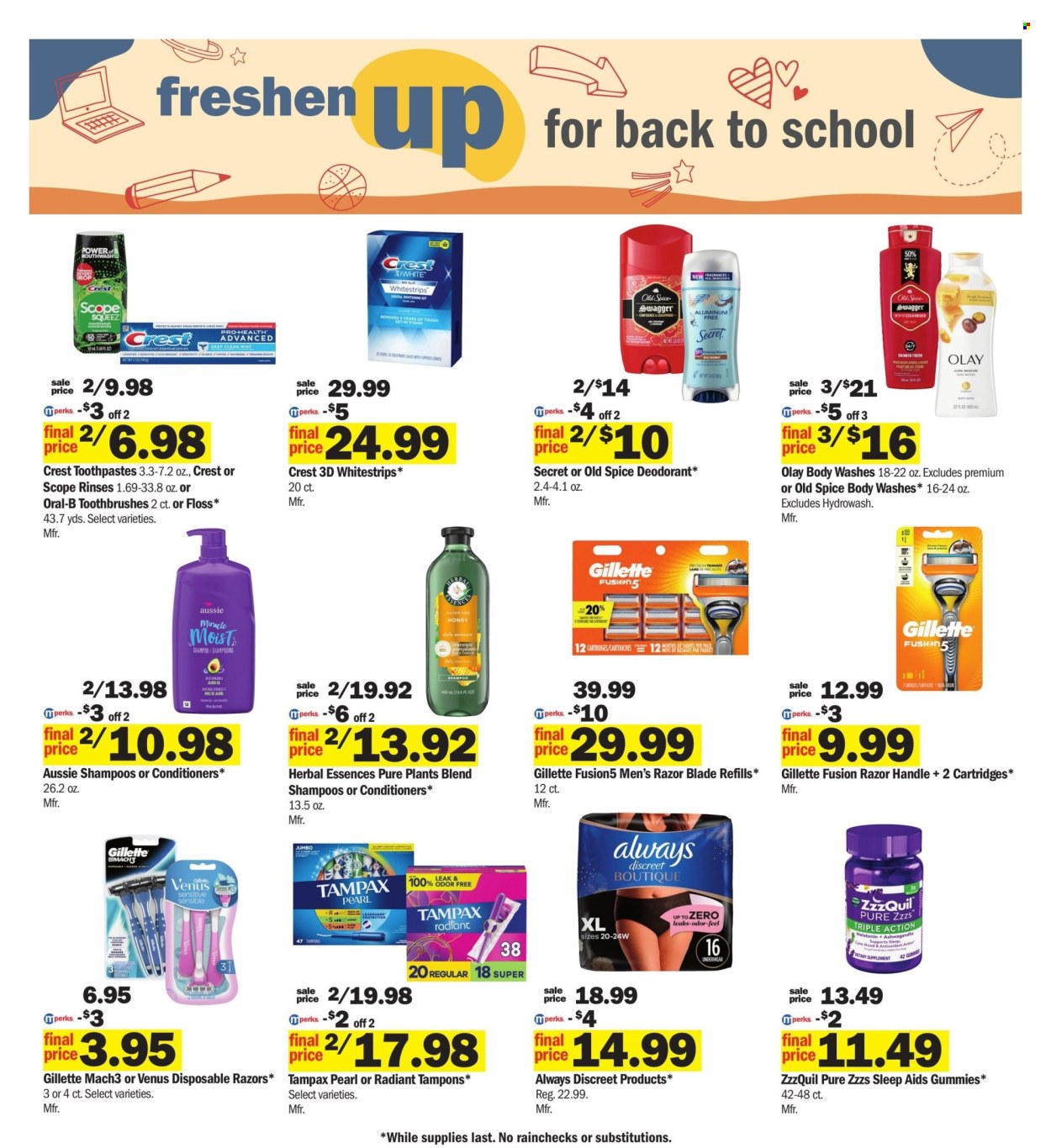 thumbnail - Meijer Flyer - 08/04/2024 - 08/10/2024 - Sales products - shampoo, hair products, conditioner, Herbal Essences, toothbrush, Oral-B, toothpaste, Crest, teeth whitening, Gillette, razor, Venus, disposable razor, body wash, Old Spice, Olay, razor cartridges, gummies, ZzzQuil, sleep aid product, sanitary pads, Always Discreet, Tampax, tampons, deodorant. Page 29.