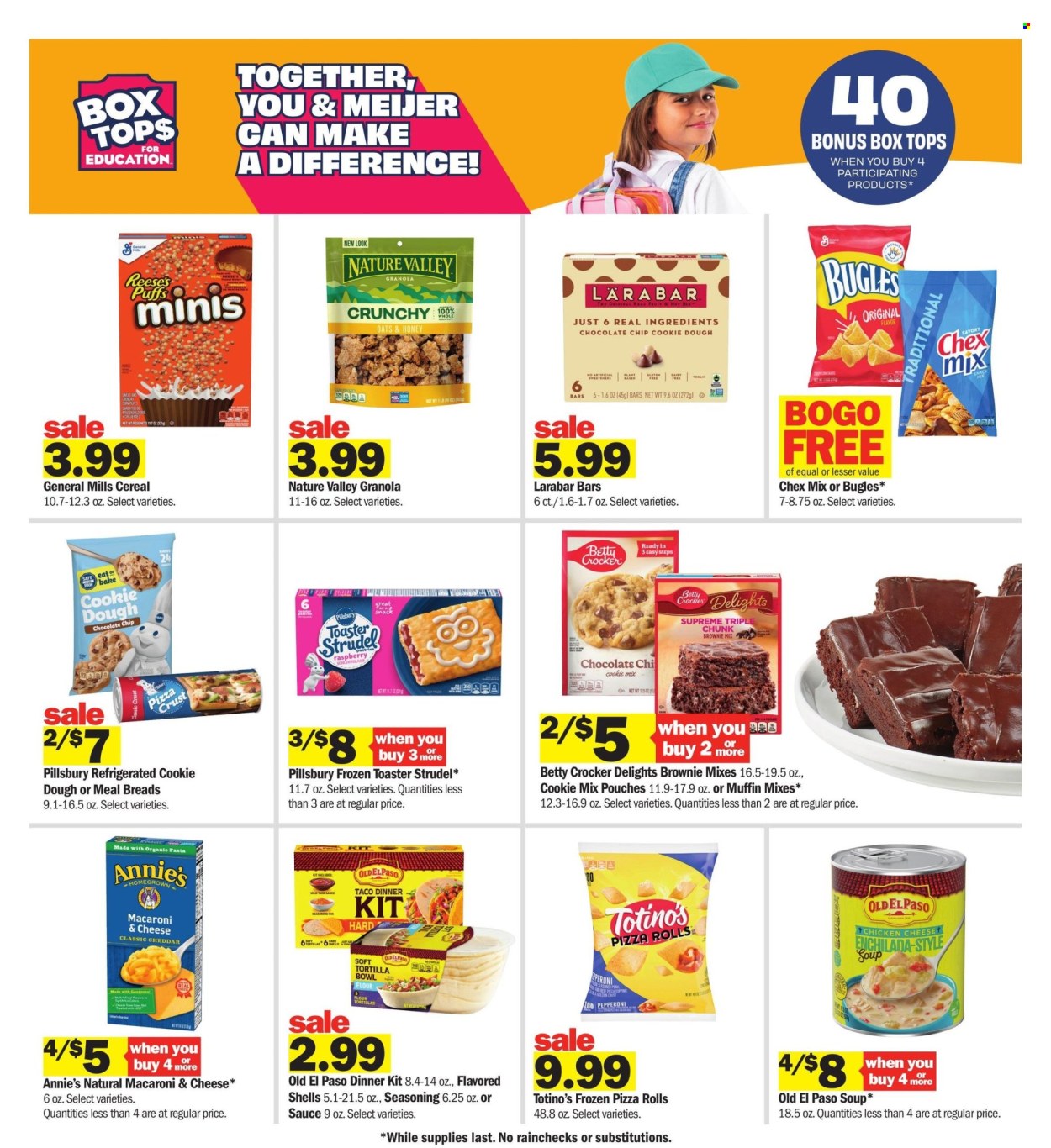 thumbnail - Meijer Flyer - 08/04/2024 - 08/10/2024 - Sales products - brownie mix, muffin mix, baking mix, Old El Paso, dinner kit, spice, seasoning, sauce, Chex Mix, salty snack, mac and cheese, pasta, Annie's, strudel, Pillsbury, bread, cookie dough, refrigerated dough, pizza rolls, soup, granola, Nature Valley, General Mills, cereals, snack bar, bars. Page 32.
