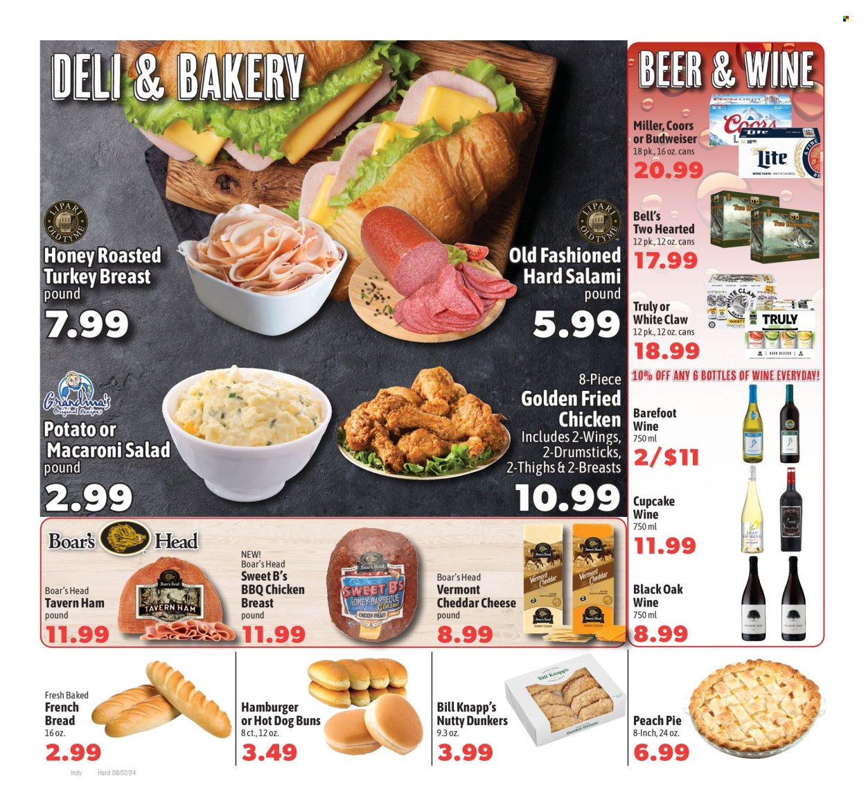 thumbnail - Harding's Markets Flyer - 08/02/2024 - 08/08/2024 - Sales products - hot dog rolls, pie, burger buns, french bread, donut, fruit pie, salad, pasta, macaroni salad, pasta salad, Boar's Head, ready meal, salami, ham, chicken breasts, turkey ham, potato salad, honey, wine, Cupcake Vineyards, White Claw, Hard Seltzer, TRULY, beer, Budweiser, Bell's, Coors. Page 8.