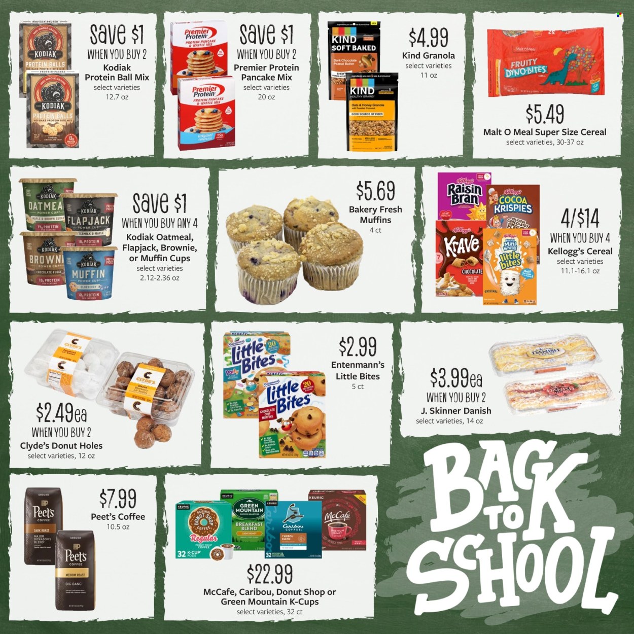 thumbnail - Fareway Flyer - 07/29/2024 - 08/31/2024 - Sales products - muffin, donut holes, brownies, Entenmann's, pancake mix, cereal bar, Kellogg's, dark chocolate, Little Bites, cane sugar, cocoa, sugar, oatmeal, malt, cereals, granola, Raisin Bran, Skinner Pasta, coffee, coffee capsules, McCafe, K-Cups, Keurig, breakfast blend, Green Mountain. Page 7.