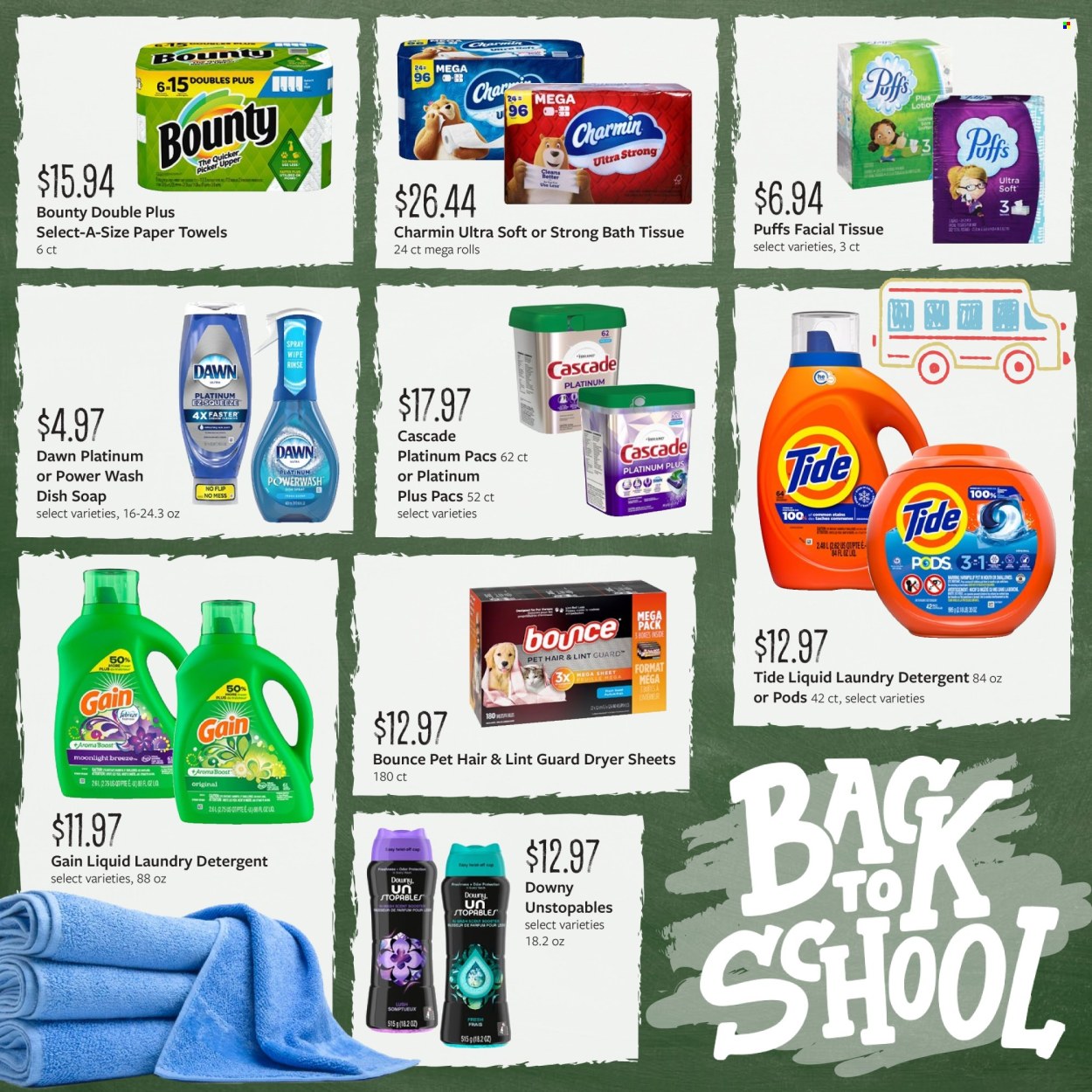 thumbnail - Fareway Flyer - 07/29/2024 - 08/31/2024 - Sales products - puffs, Bounty, Boost, bath tissue, kitchen towels, paper towels, Charmin, detergent, Febreze, Gain, Cascade, Tide, Unstopables, laundry detergent, Bounce, dryer sheets, scent booster, dishwashing liquid, dishwasher tablets, facial tissues. Page 8.