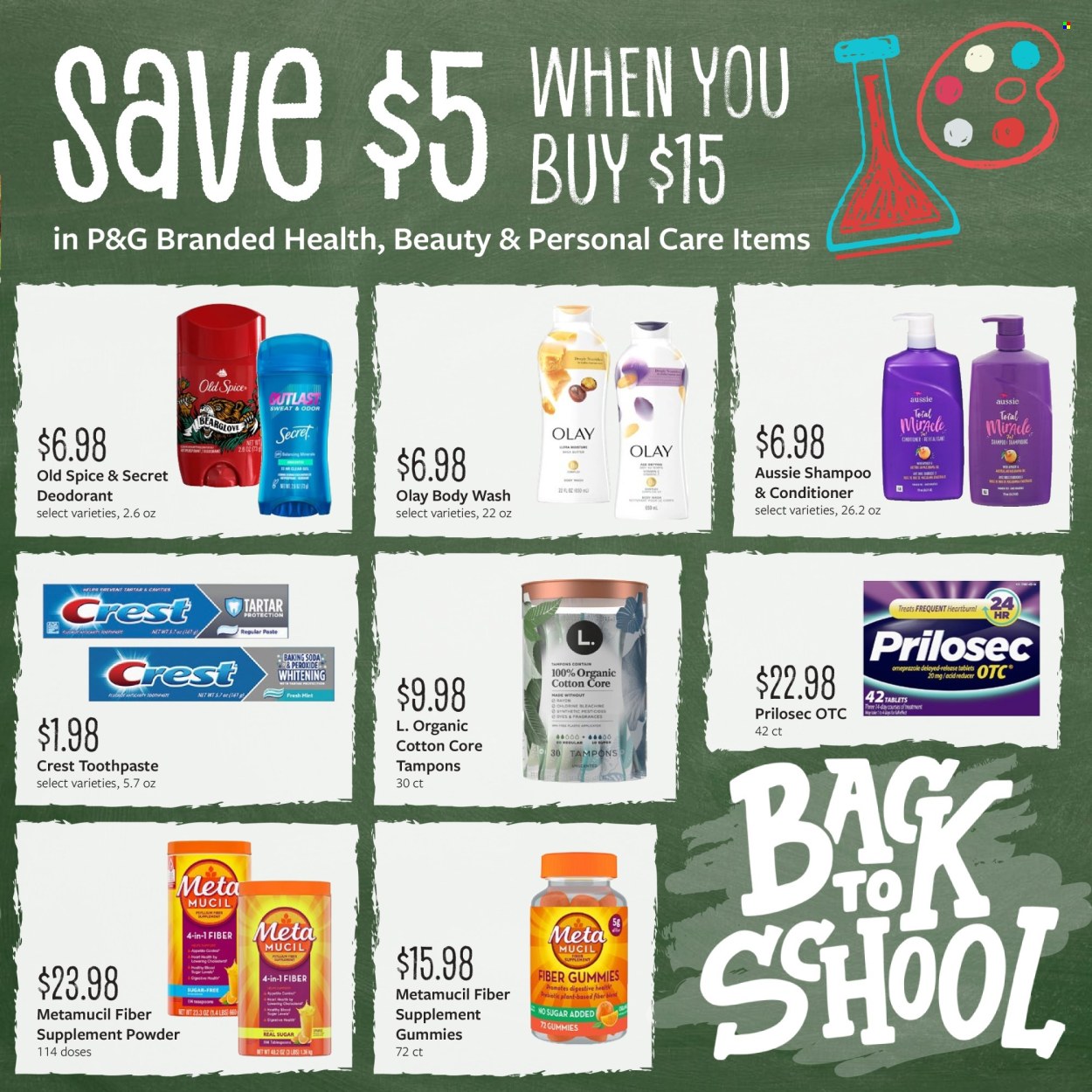 thumbnail - Fareway Flyer - 07/29/2024 - 08/31/2024 - Sales products - bicarbonate of soda, body wash, shampoo, Old Spice, toothpaste, Crest, tampons, Olay, conditioner, fragrance, deodorant, Metamucil, fiber supplement. Page 11.