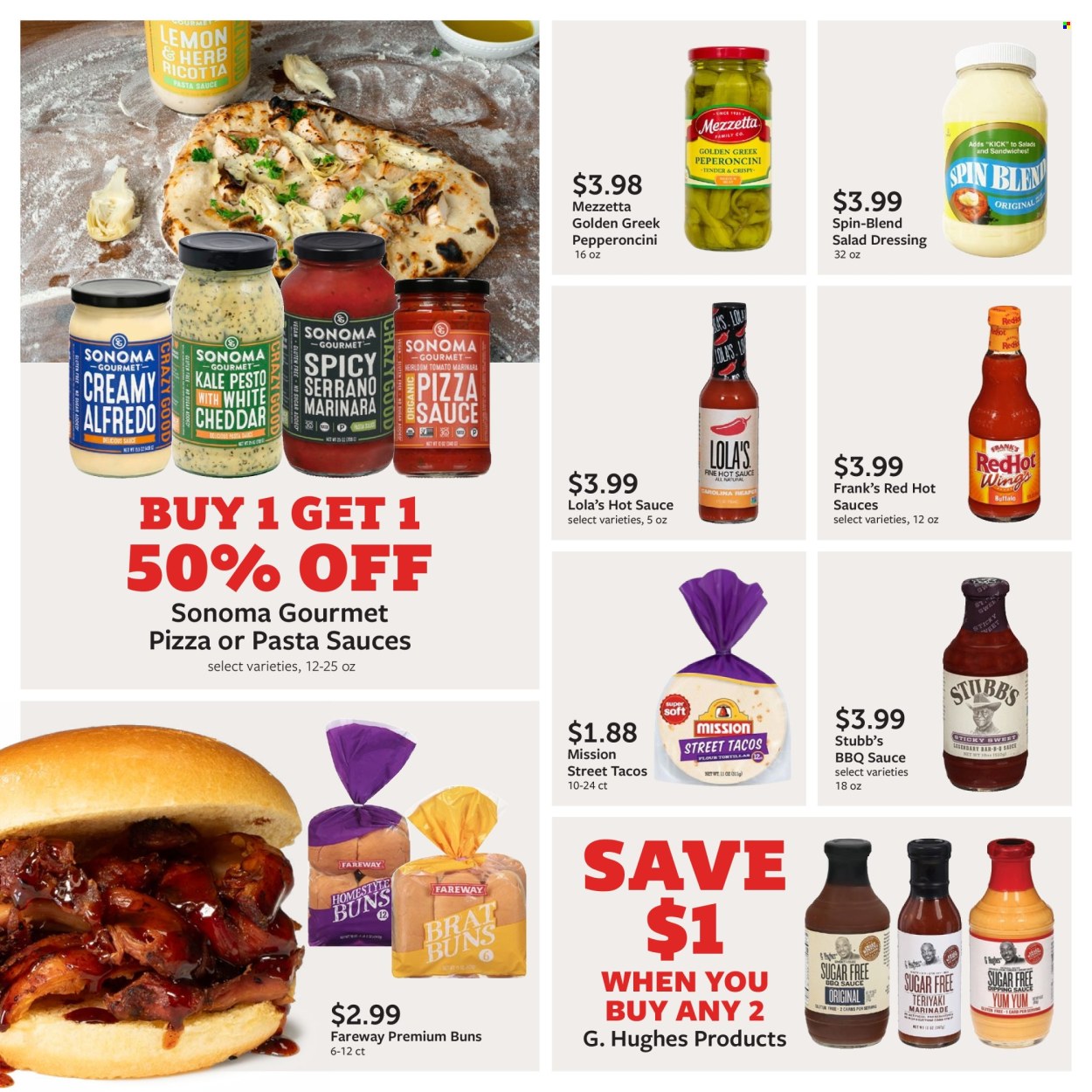 thumbnail - Fareway Flyer - 07/29/2024 - 08/31/2024 - Sales products - tortillas, buns, tacos, flour tortillas, pasta sauce, sandwich, spaghetti sauce, frankfurters, ricotta, cheddar, pizza sauce, BBQ sauce, salad dressing, hot sauce, pesto, dressing, marinade, sauce. Page 17.