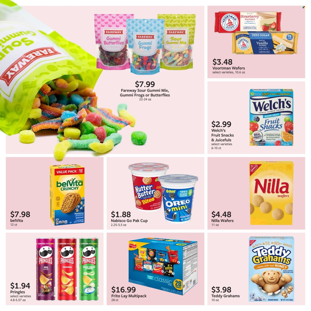 thumbnail - Fareway Flyer - 07/29/2024 - 08/31/2024 - Sales products - Welch's, sandwich, snack, Oreo, wafers, fruit snack, Nabisco, Doritos, Fritos, Pringles, chips, Lay’s, Smartfood, Ruffles, salty snack, belVita, honey, cup, calcium, dietary supplement, vitamins. Page 21.