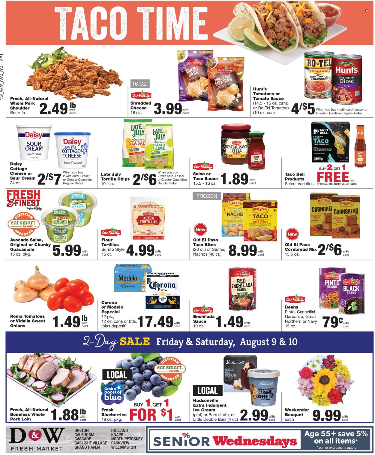 thumbnail - D&W Fresh Market Flyer - 08/04/2024 - 08/10/2024 - Sales products - tortillas, corn bread, Old El Paso, tacos, flour tortillas, bell peppers, onion, jalapeño, limes, snack, dinner kit, burrito, guacamole, Colby cheese, shredded cheese, cheddar, cheese, sour cream, ice cream, ice cream bars, tortilla chips, black beans, canned tomatoes, enchilada sauce, tomato sauce, diced tomatoes, garbanzo beans, spice, seasoning, taco sauce, hot sauce, Boost, alcohol, beer, Corona Extra, Modelo, pork loin, pork meat, pork shoulder, Cascade. Page 2.