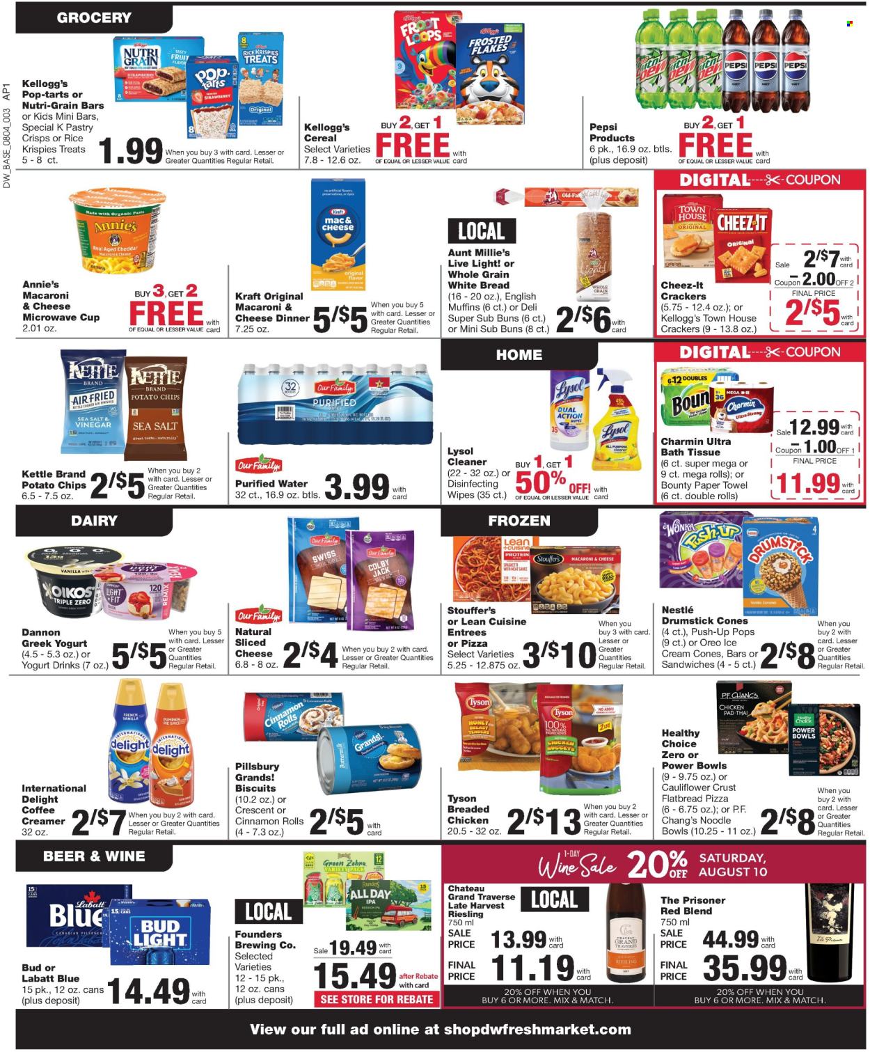 thumbnail - D&W Fresh Market Flyer - 08/04/2024 - 08/10/2024 - Sales products - bread, english muffins, white bread, buns, cinnamon roll, mac and cheese, spaghetti, pizza, sandwich, nuggets, pasta, Pillsbury, chicken nuggets, noodles, Lean Cuisine, Healthy Choice, Annie's, Kraft®, ready meal, breaded chicken, Colby cheese, sliced cheese, swiss cheese, greek yoghurt, Oreo, Dannon, snack bar, yoghurt drink, creamer, coffee and tea creamer, refrigerated dough, ice cream, ice cones, Stouffer's, Nestlé, Bounty, cereal bar, crackers, Kellogg's, biscuit, Pop-Tarts, potato chips, Cheez-It, salty snack, crisps, cereals, Frosted Flakes, Nutri-Grain, honey, Pepsi, soft drink, purified water, carbonated soft drink, Riesling, white wine, wine, alcohol, beer, Bud Light, IPA, bath tissue, wipes, kitchen towels, paper towels, Charmin, Lysol. Page 4.