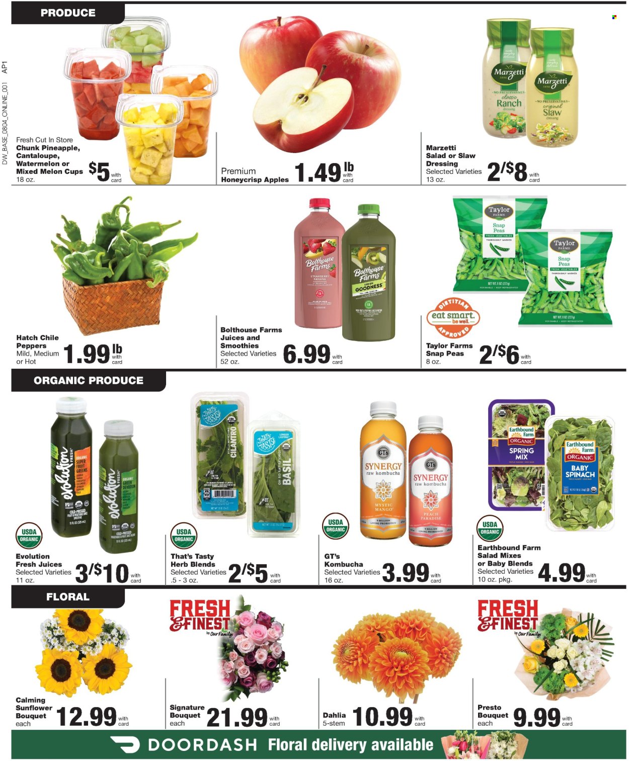 thumbnail - D&W Fresh Market Flyer - 08/04/2024 - 08/10/2024 - Sales products - cantaloupe, cucumber, snap peas, parsley, peas, peppers, baby spinach, apples, watermelon, melons, diced fruit, ranch dressing, cilantro, herbs, basil, dressing, juice, fruit juice, kombucha, probiotics. Page 5.