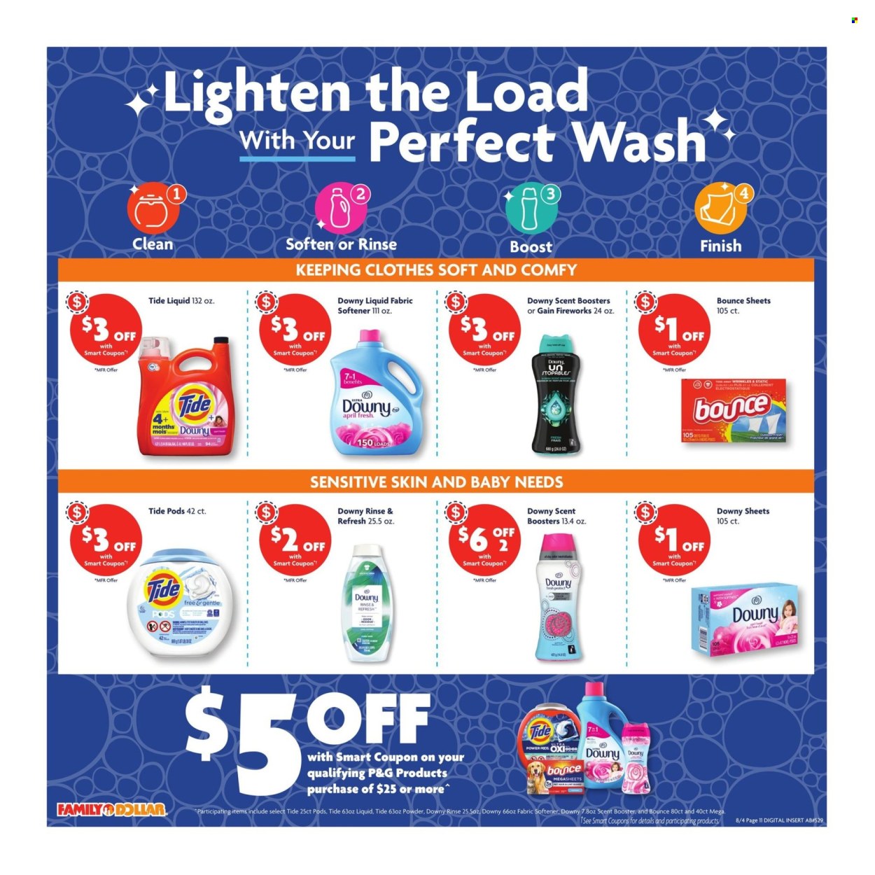 thumbnail - Family Dollar Flyer - 08/04/2024 - 08/10/2024 - Sales products - Boost, Gain, Tide, fabric softener, laundry detergent, Bounce, dryer sheets, scent booster, Gain Fireworks, Downy Laundry, eau de parfum. Page 7.