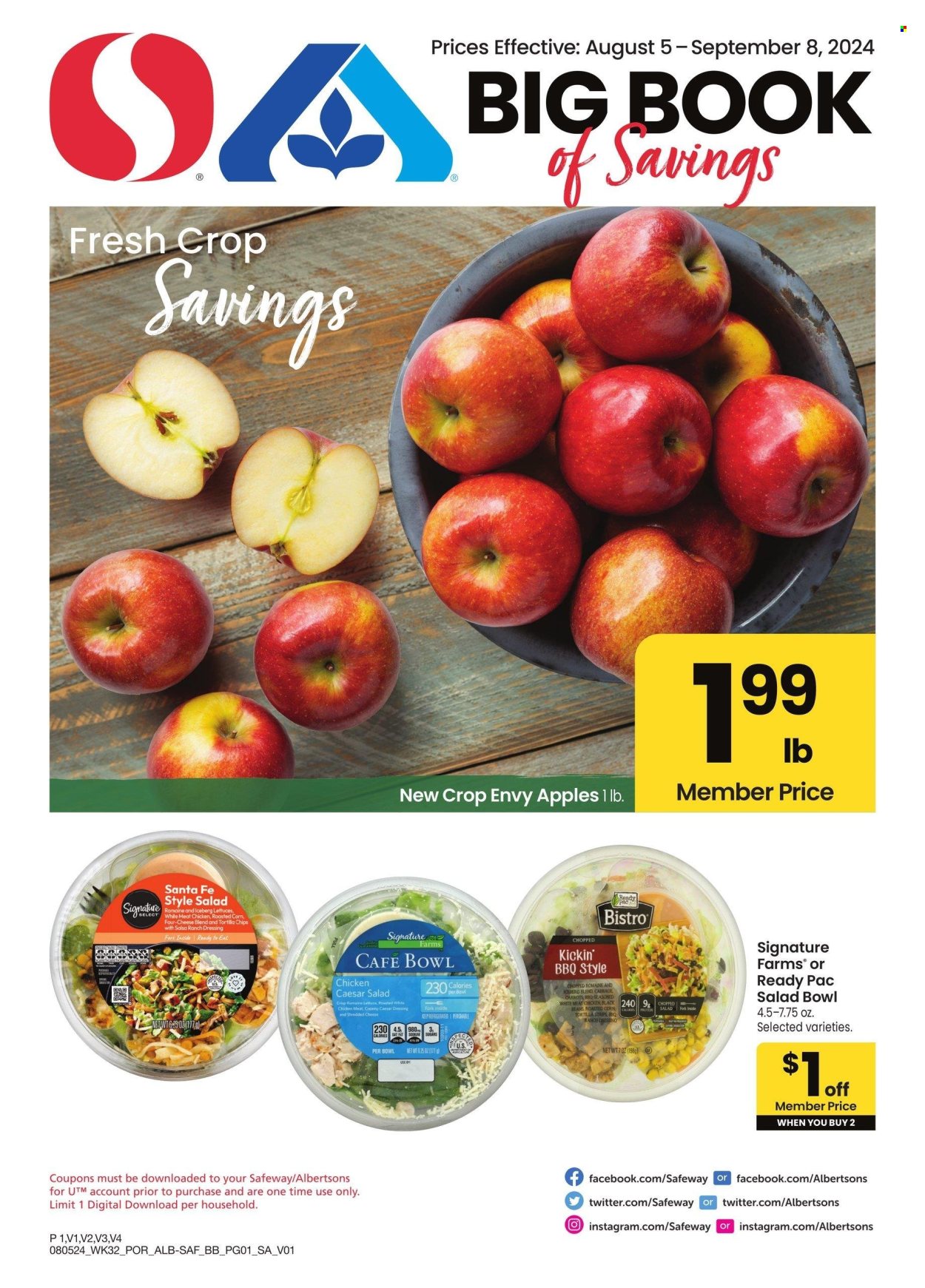 thumbnail - Safeway Flyer - 08/05/2024 - 09/08/2024 - Sales products - beans, cabbage, carrots, chopped salad, apples, Ready Pac, shredded cheese, ranch dressing, tortilla chips, chips, roasted corn, caesar dressing, salad dressing, dressing, fork, salad bowl, bowl. Page 1.