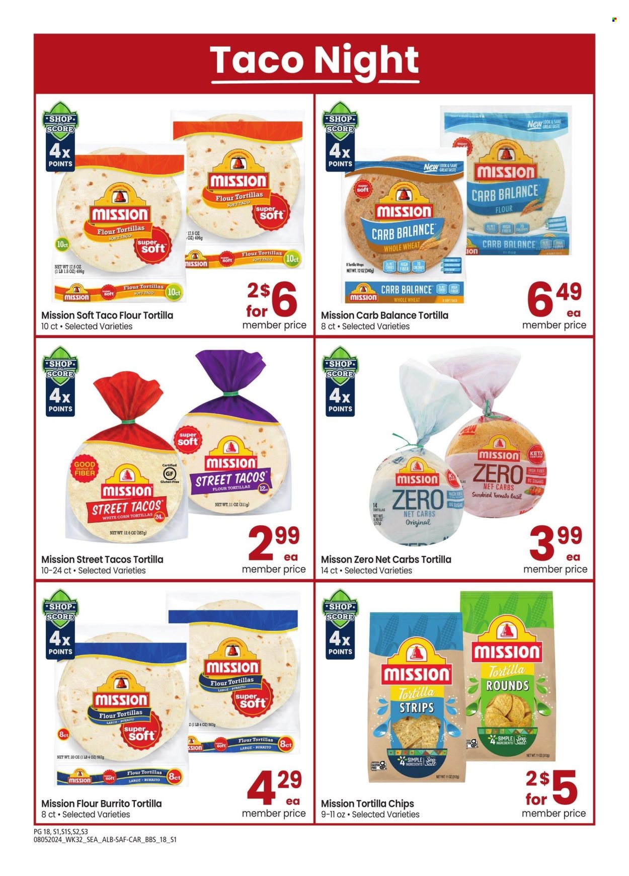 thumbnail - Safeway Flyer - 08/05/2024 - 09/15/2024 - Sales products - corn tortillas, tacos, flour tortillas, wraps, burrito, tortilla chips, chips, dried tomatoes, basil. Page 18.