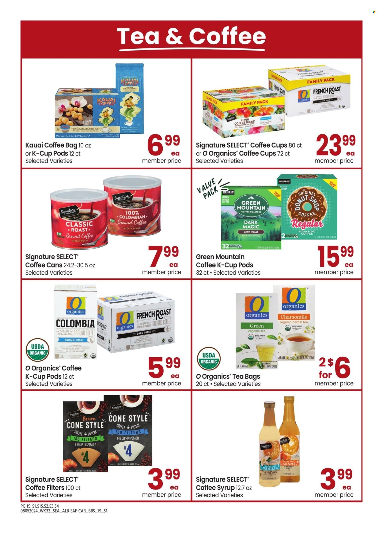 thumbnail - Safeway Flyer - 08/05/2024 - 09/15/2024 - Sales products - chocolate, sugar, brewer, caramel, syrup, macadamia nuts, herbal tea, tea bags, ground coffee, coffee capsules, K-Cups, Keurig, Green Mountain, coffee filter. Page 19.