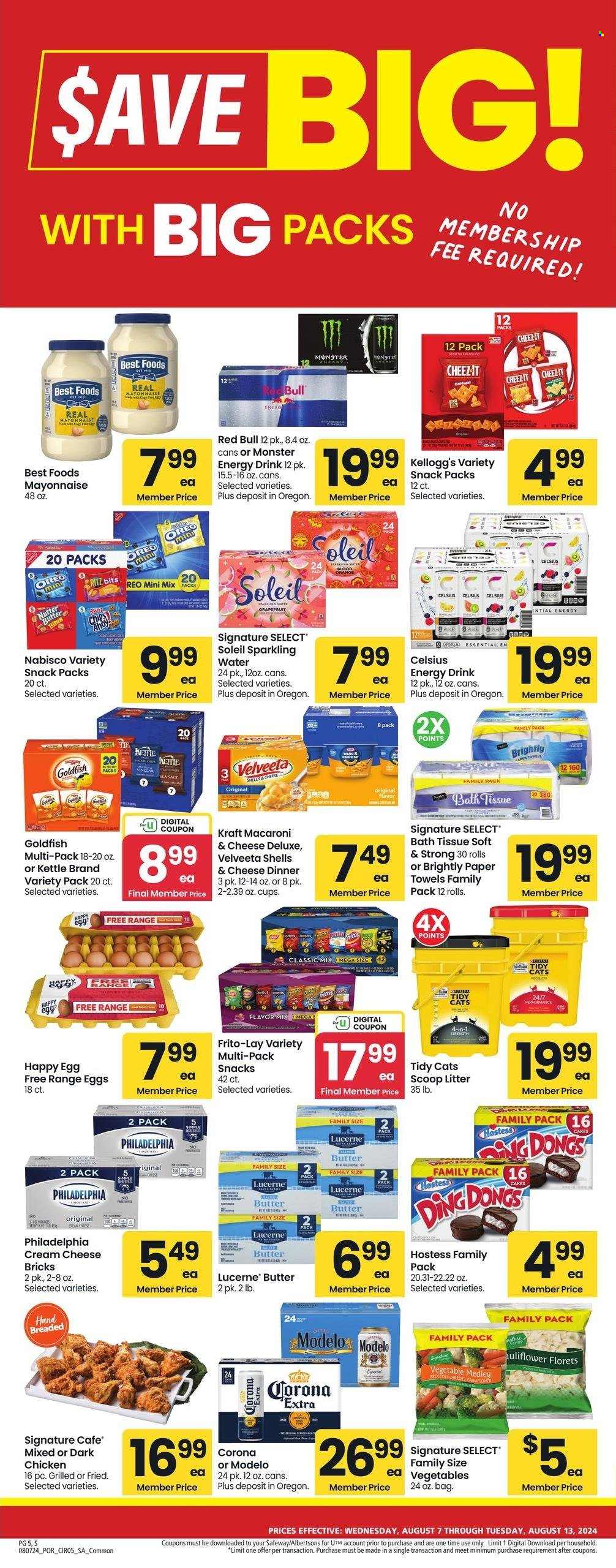 thumbnail - Albertsons Flyer - 08/07/2024 - 08/13/2024 - Sales products - snack, Nabisco, Goldfish, chicken, beer, Corona Extra, Modelo, energy drink, Monster, Red Bull, Monster Energy, bath tissue, kitchen towels, paper towels, Frito-Lay, salty snack, butter, cream cheese, Philadelphia, cheese, mayonnaise, Kellogg's, sparkling water, water, mac and cheese, pasta, Kraft®, ready meal, Velveeta. Page 4.