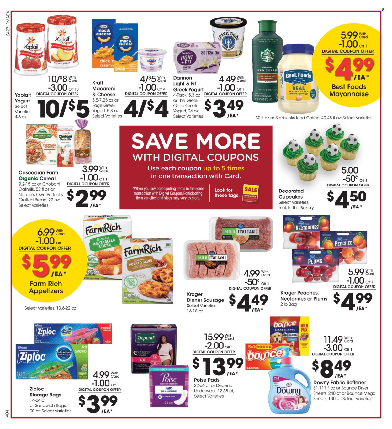 thumbnail - Fred Meyer Flyer - 08/07/2024 - 08/13/2024 - Sales products - pasta sauce, chicken tenders, spaghetti sauce, cheese, greek yoghurt, Chobani, ice cream, Bounty, fruit snack, General Mills, Pringles, chips, salty snack, peanut butter, apple juice, cranberry juice, fruit drink, seltzer water, spring water, water, coffee capsules, McCafe, K-Cups, Green Mountain, bath tissue, kitchen towels, paper towels, Charmin, detergent, Gain, Tide, laundry detergent. Page 4.