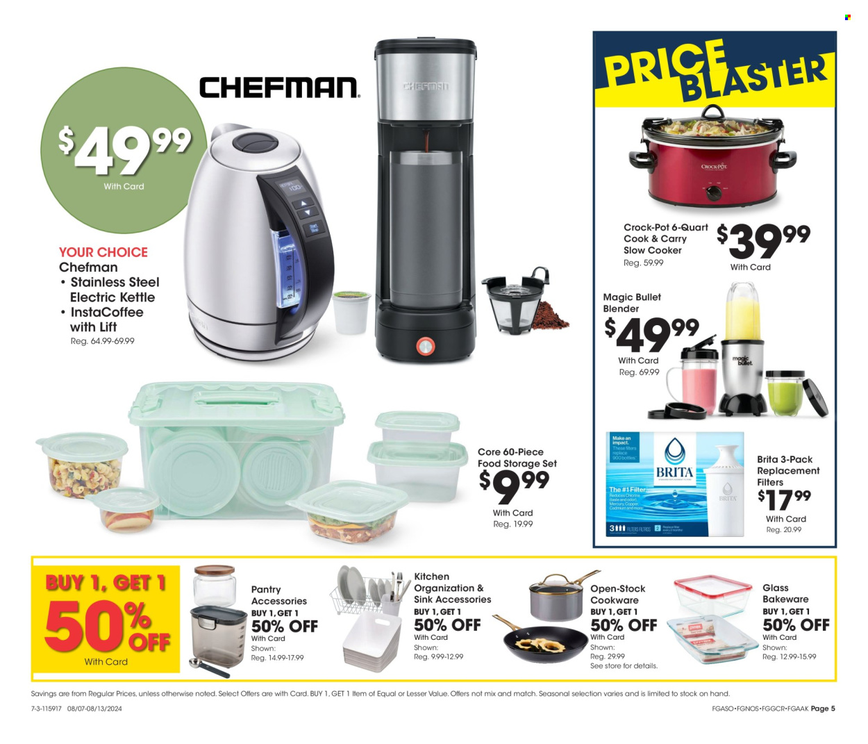 thumbnail - Fred Meyer Flyer - 08/07/2024 - 08/13/2024 - Sales products - cookware set, bakeware, storage container set, meal box, water filter, Chefman, blender, slow cooker, kettle. Page 5.