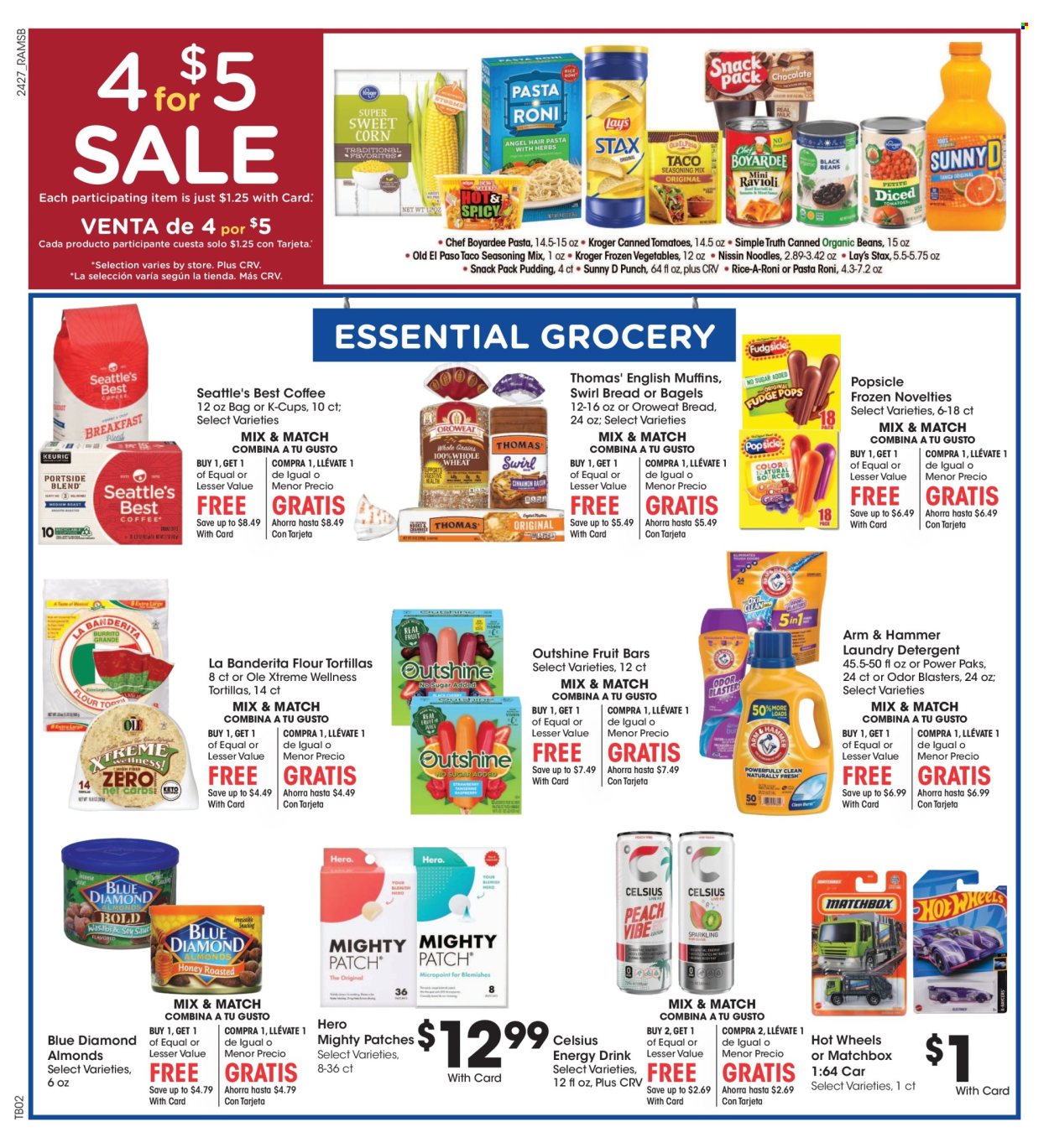 thumbnail - Ralphs Flyer - 08/07/2024 - 08/13/2024 - Sales products - bagels, bread, tortillas, flour tortillas, ice cream, ice cream bars, fruit bar, popsicle, ARM & HAMMER, almonds, Blue Diamond, energy drink, coffee, coffee capsules, K-Cups, Hot Wheels, detergent, laundry detergent, Matchbox, toys. Page 8.