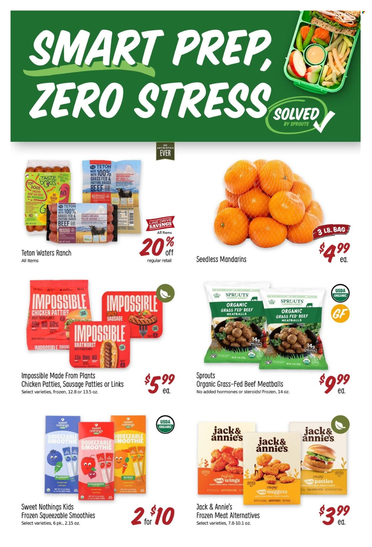 thumbnail - Sprouts Flyer - 08/07/2024 - 08/13/2024 - Sales products - Ace, mandarines, hot dog, meatballs, nuggets, plant based product, bratwurst, sausage, polish sausage, chicken patties, smoothie, sausage patties. Page 3.