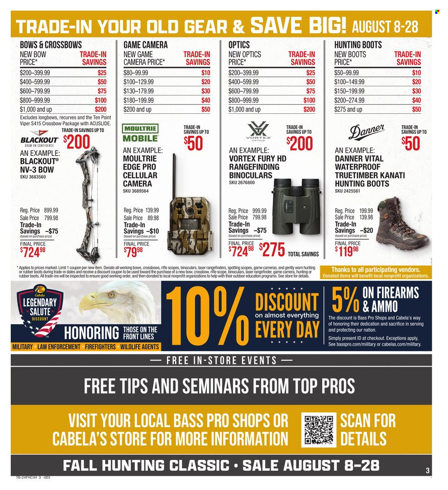 thumbnail - Cabela's Flyer - 08/08/2024 - 08/28/2024 - Sales products - boots, hunting boots, camera, rangefinder, viper, Bass Pro, binoculars, game cam, riflescope, scope, blackout, ammo, crossbow, rubber boots. Page 3.