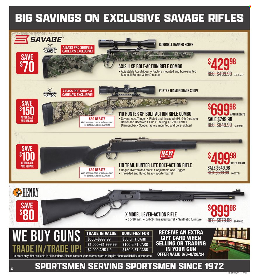 thumbnail - Cabela's Flyer - 08/08/2024 - 08/28/2024 - Sales products - Hunter, Bass Pro, gun, savage, scope, receiver. Page 4.